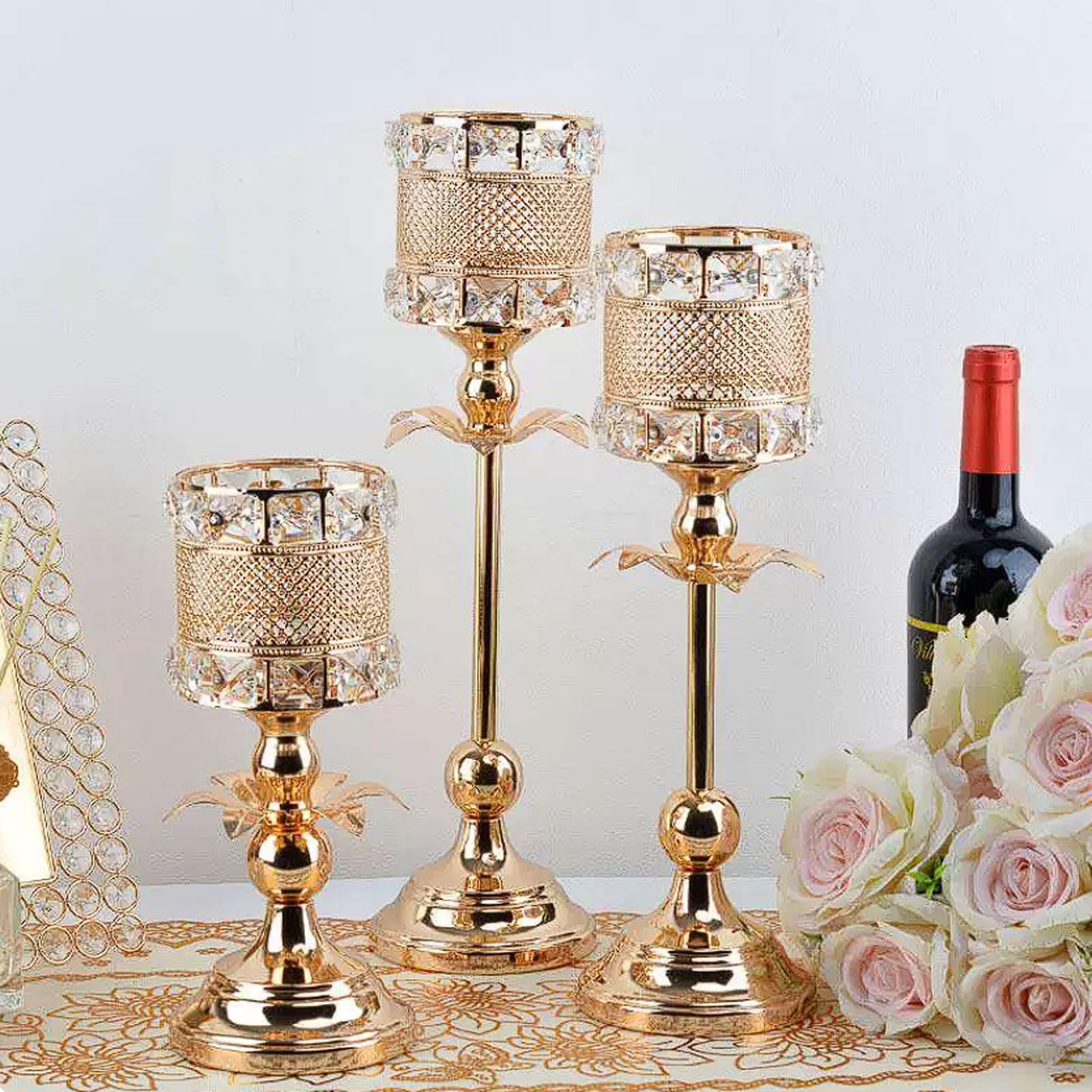 Candelabro de metal dorado con portavelas de hierro con diamantes de imitación de cristal y adorno decorativo artesanal (M)