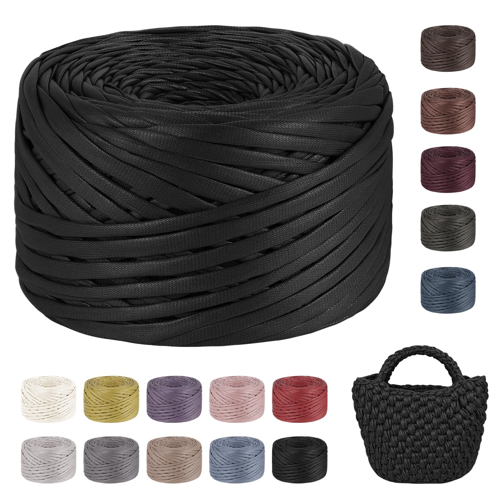LEREATI Tshirt Yarn for Crocheting 200g/90m Single-Side Faux Leather Looking Fabric, Soft Polyester Cloth Ribbon T Shirt Yarn for Crocheting Baskets Bags Rugs Home Decor DIY Crafts (Black)