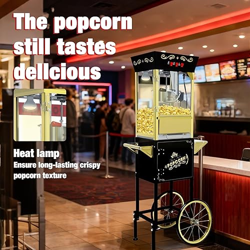 Miniatura 3 de Máquina comercial de palomitas de maíz vintage negra con carrito y luz más cálida, 12 onzas de acero inoxidable para 60 tazas para teatro, fiestas y