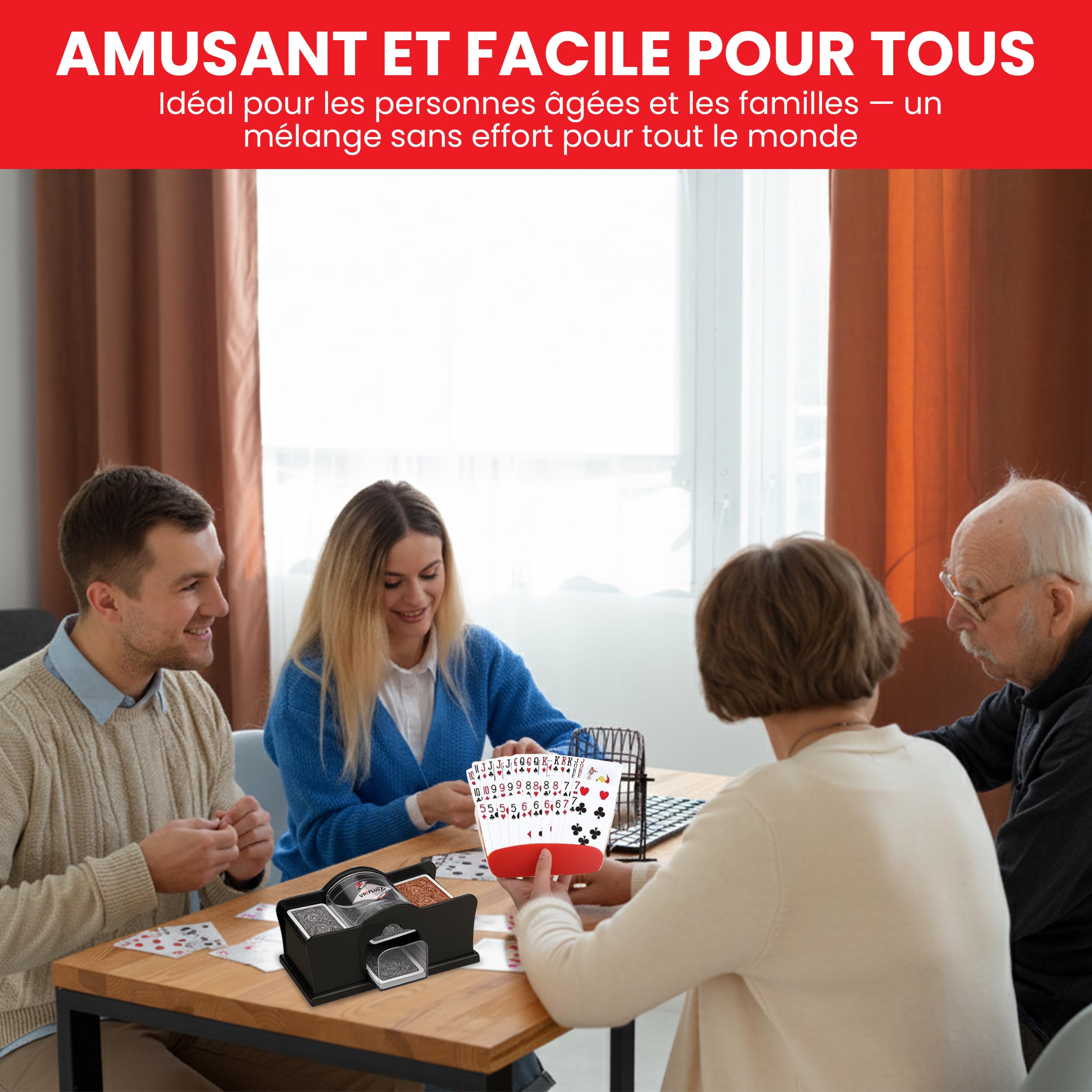 Mélangeur de Cartes Manuel à Manivelle 2 Jeux+ 4 Supports,2 Plateaux – Mélange Rapide et Facile – Pack Poker, Blackjack, Jeux de Société, Soirées et Famille