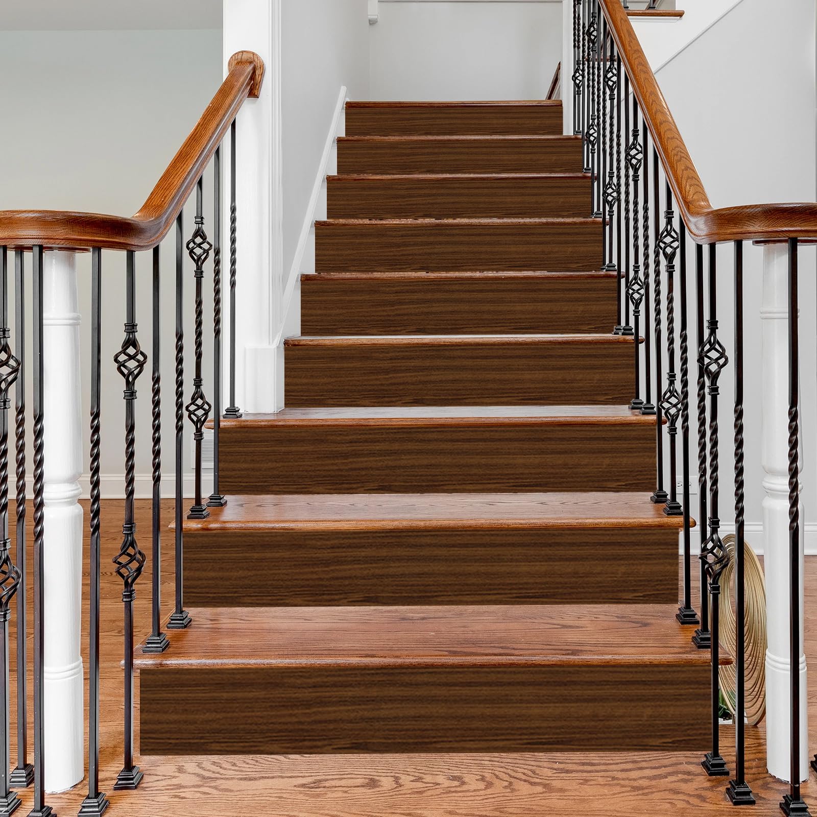 Inscrip Stair Stickers, Pack of 13, Vintage Wood Grain Self-Adhesive Stair Stickers, 18 x 100 cm, Wood Look Stairs Decor, Kitchen Bathroom Tile Stickers, DIY Furniture Stickers (Light Brown)