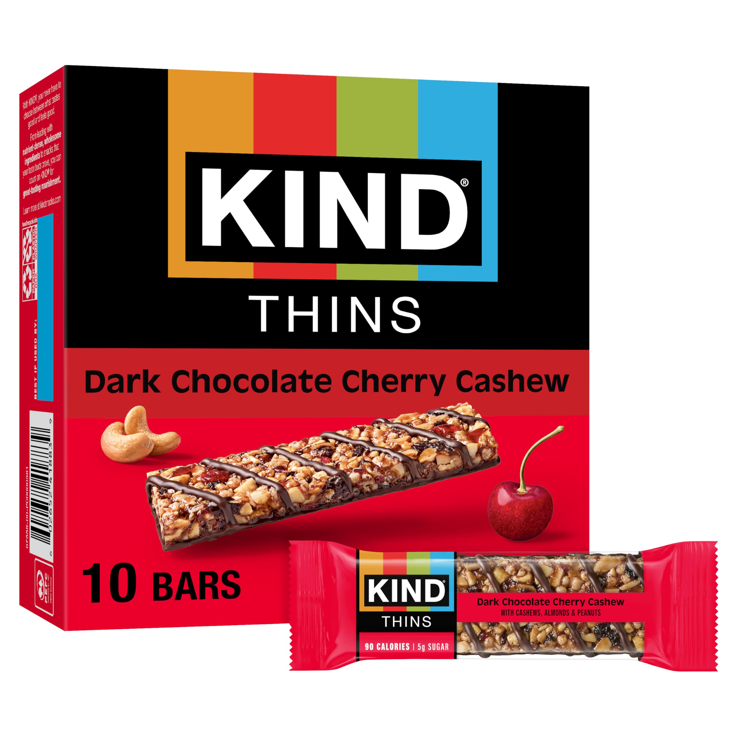THINS Dark Chocolate Cherry Chashew Bars, Gluten Free, 5g Sugar, 0.74 oz bars, 10 count