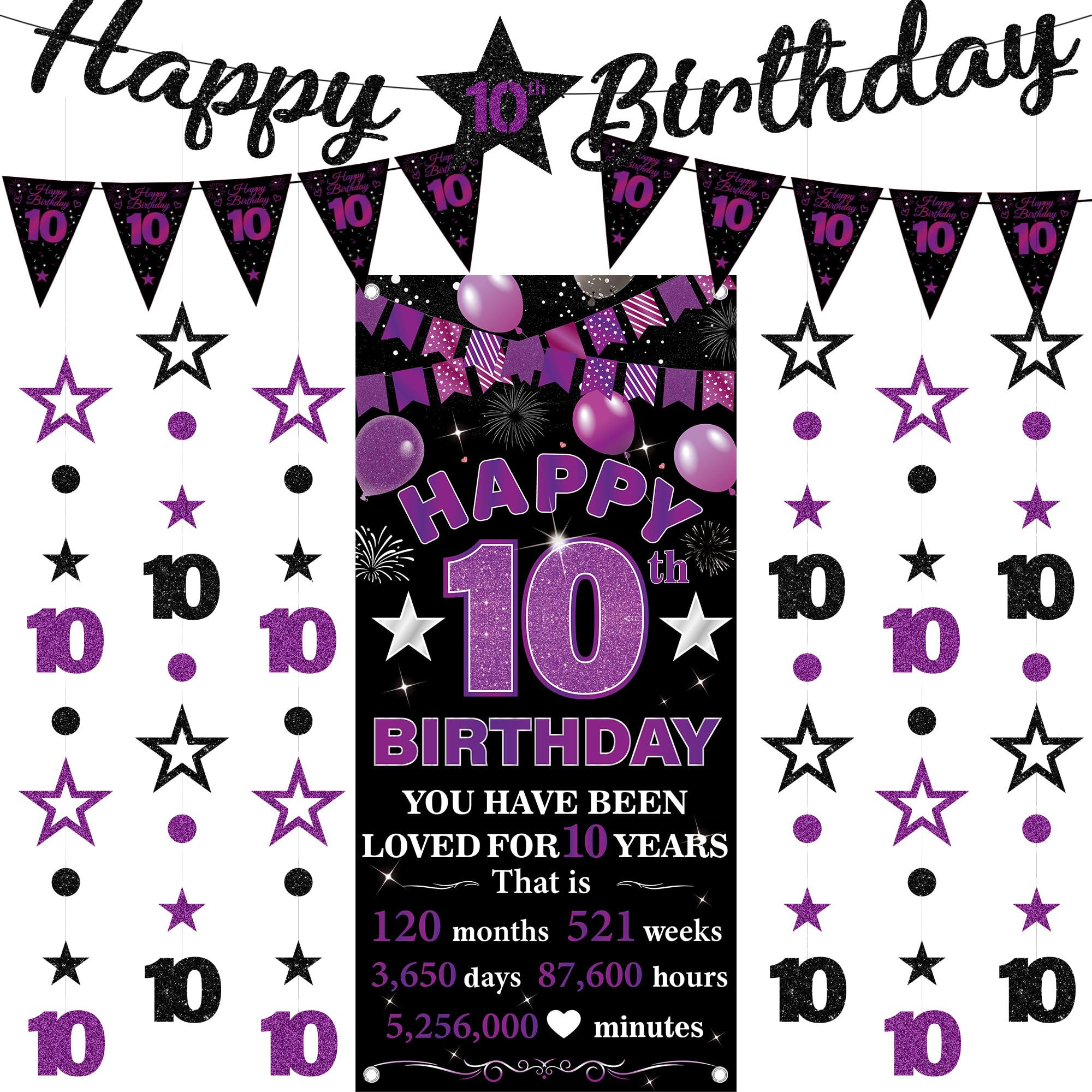 10th Birthday Decorations Banner Girls - 9 Pcs Black Purple Bannes Backdrop Number Star Dot Glitter Hanging Garlands Kit for Girl Happy 10 Years Old Birthday Party Decor Supplies