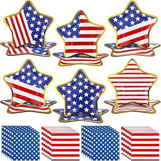 96 Pcs 4th of July Plates and Napkins Sets 9" Gold Foil Star Shaped Disposable Dinner Dessert Plates Cocktail Napkins for Patriotic Independence Day American Flag Party Supplies, Serve 48