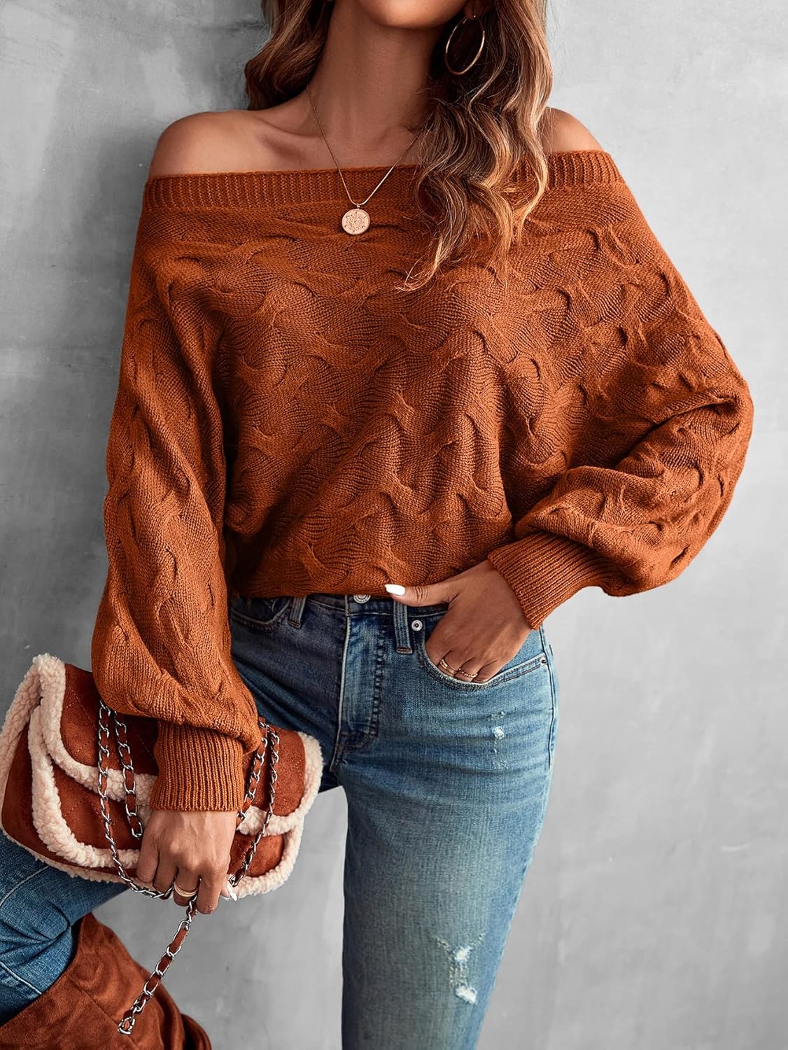 Women's Sweater Off Shoulder Batwing Sleeve Textured Sweater Sweater for Women (Color : Rust Brown, Size : Medium)