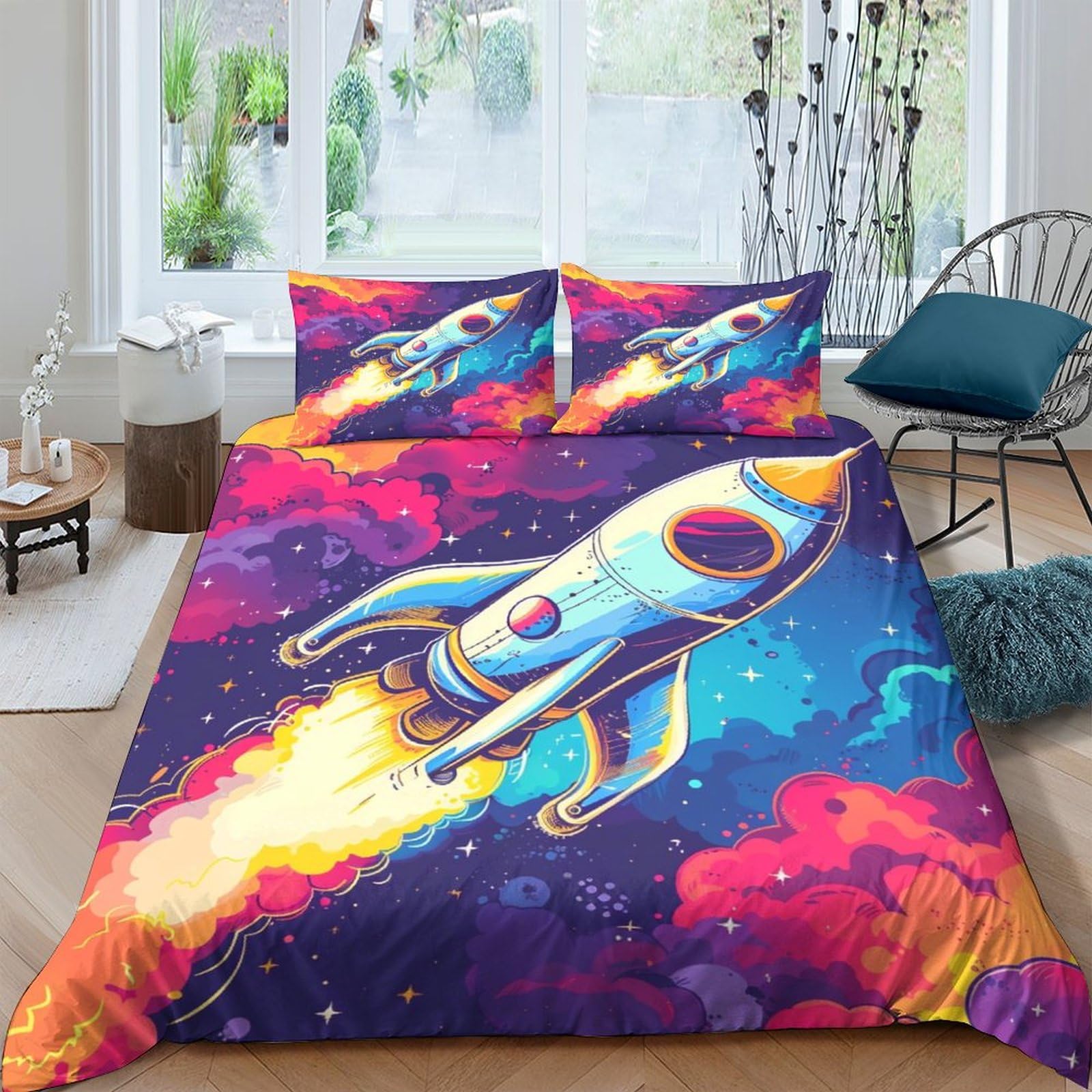 BARDYS Rocket 3D Printed Anime Quilt Cover Duvet Cover for Boys Girls Comforter Covers with Zipper Closure with Pillow Cases Soft Microfiber Bedding Set 3 Pieces Double（200x200cm）