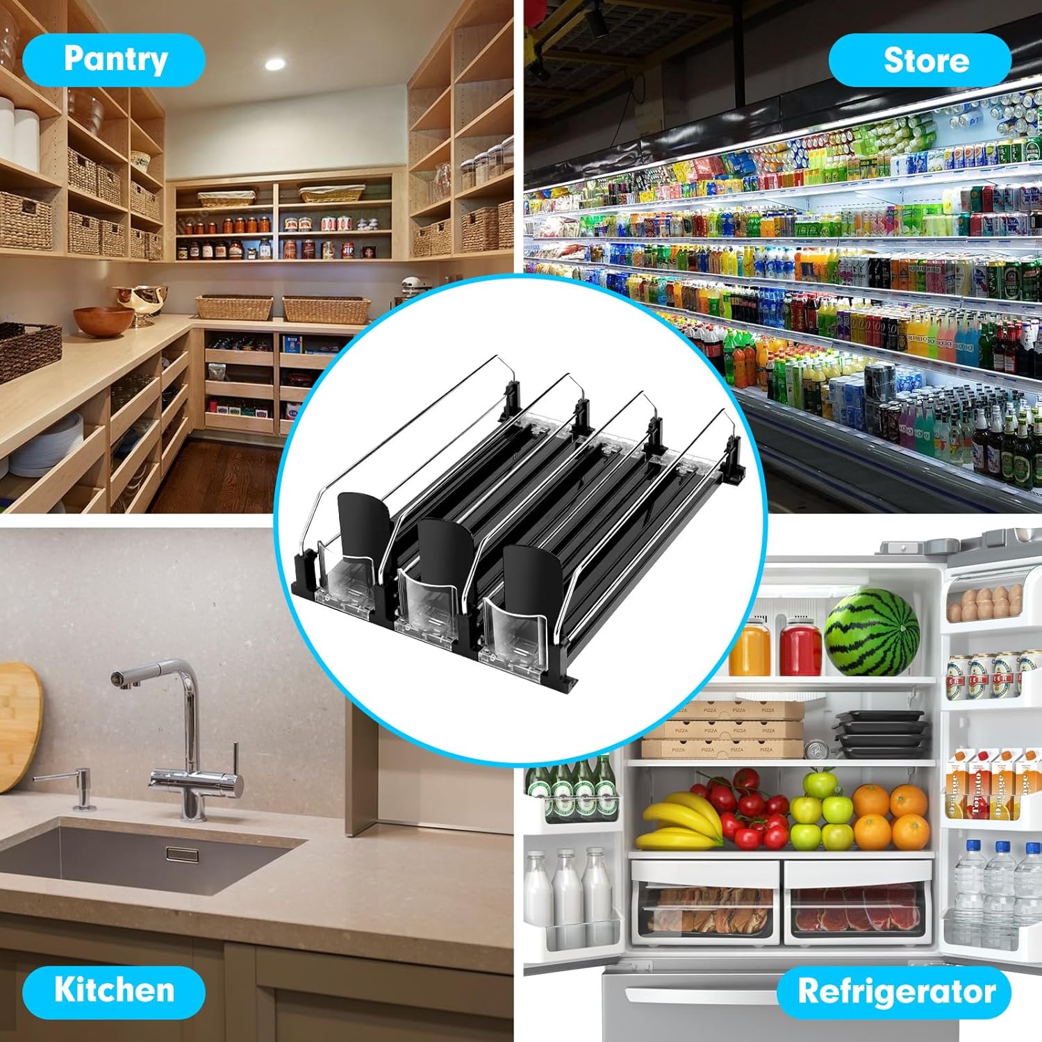 Drink Dispenser for Refrigerator, Self-Pushing Soda Can Organizer for Fridge, 3 Rows has been Assembled, Automatic Can Organizer with Spring Loaded for Refrigerator Holds 12 cans, Black - Image 5