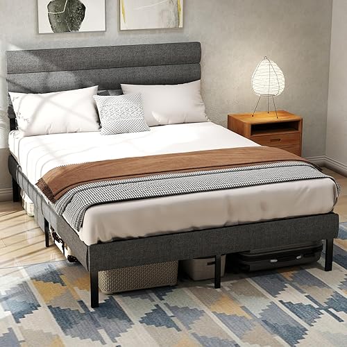 Full Bed Frame with Linen Upholstered Headboard, Metal Platform Bed Frame Full Size with 14" Underbed Storage, Metal Slats Support, Noise Free, No Box Spring Needed, Easy Assembly, Gray