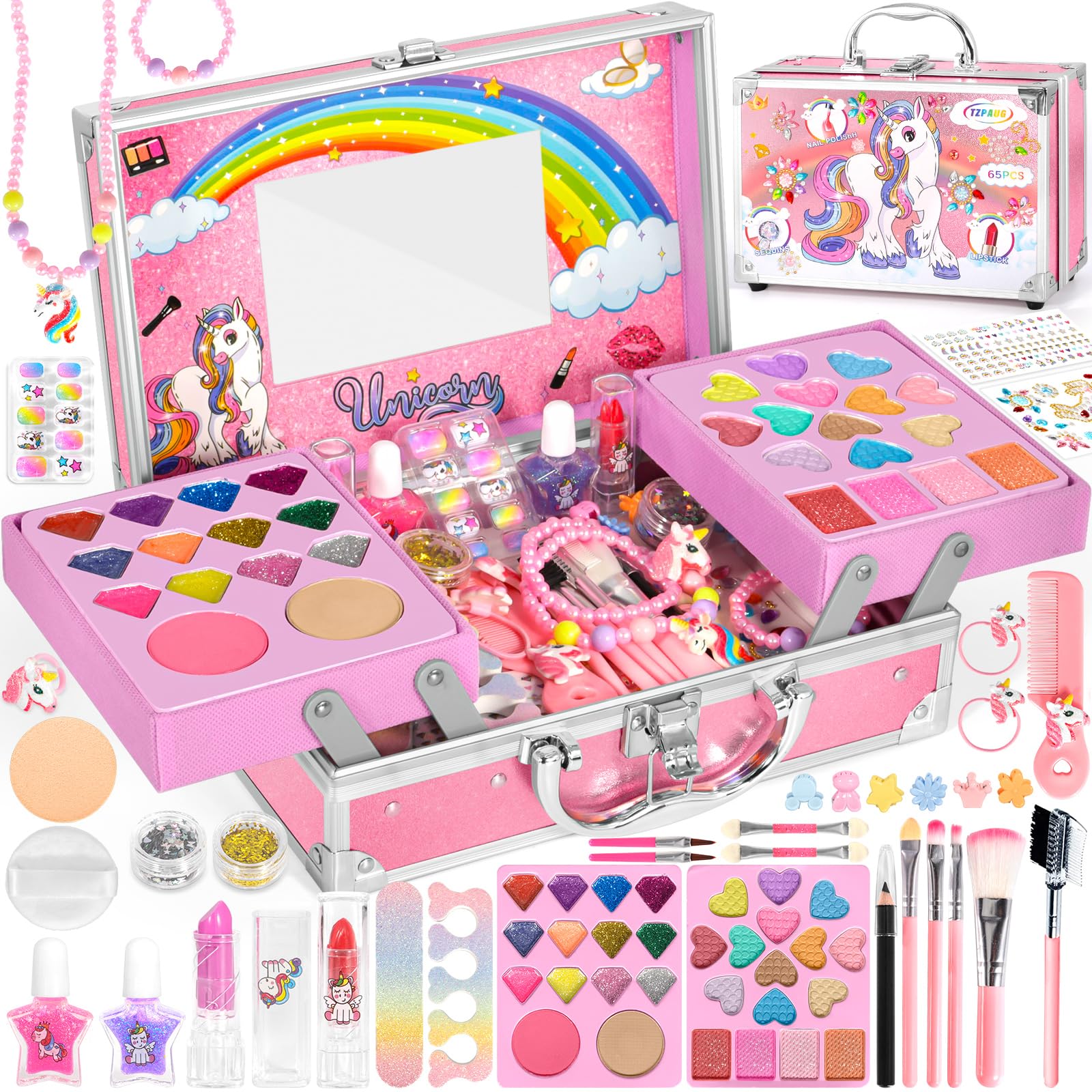 Kit de Maquillaje para Niño, 65 Piezas Lavable de Maquillaje para Niños Juguetes, Caja Maquillaje niña, Unicornio Maletin de Maquillaje, Regalo de cumpleaños y Navidad para niñas de 4 5 6 7 8+ Años
