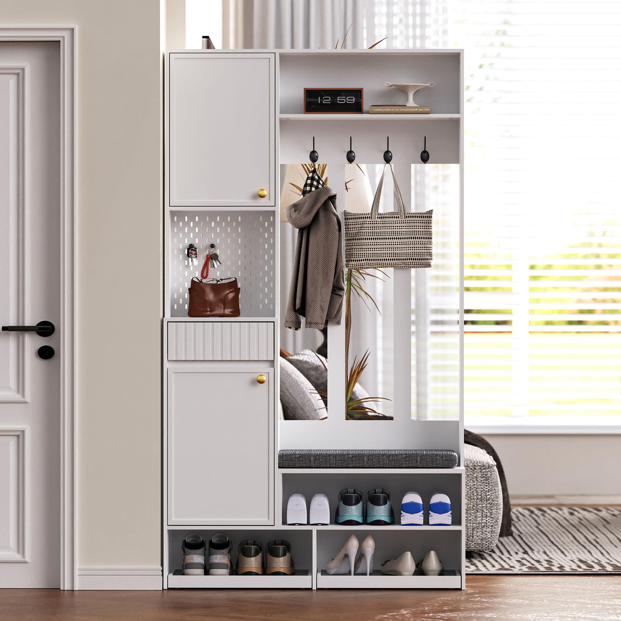 SogesHome Garderobenset mit Sitzbank, 4 Haken, Schubladen, Türen & Lochwand Flurgarderobe Weiß für Eingangsbereich 100 x 180 x 35 cm