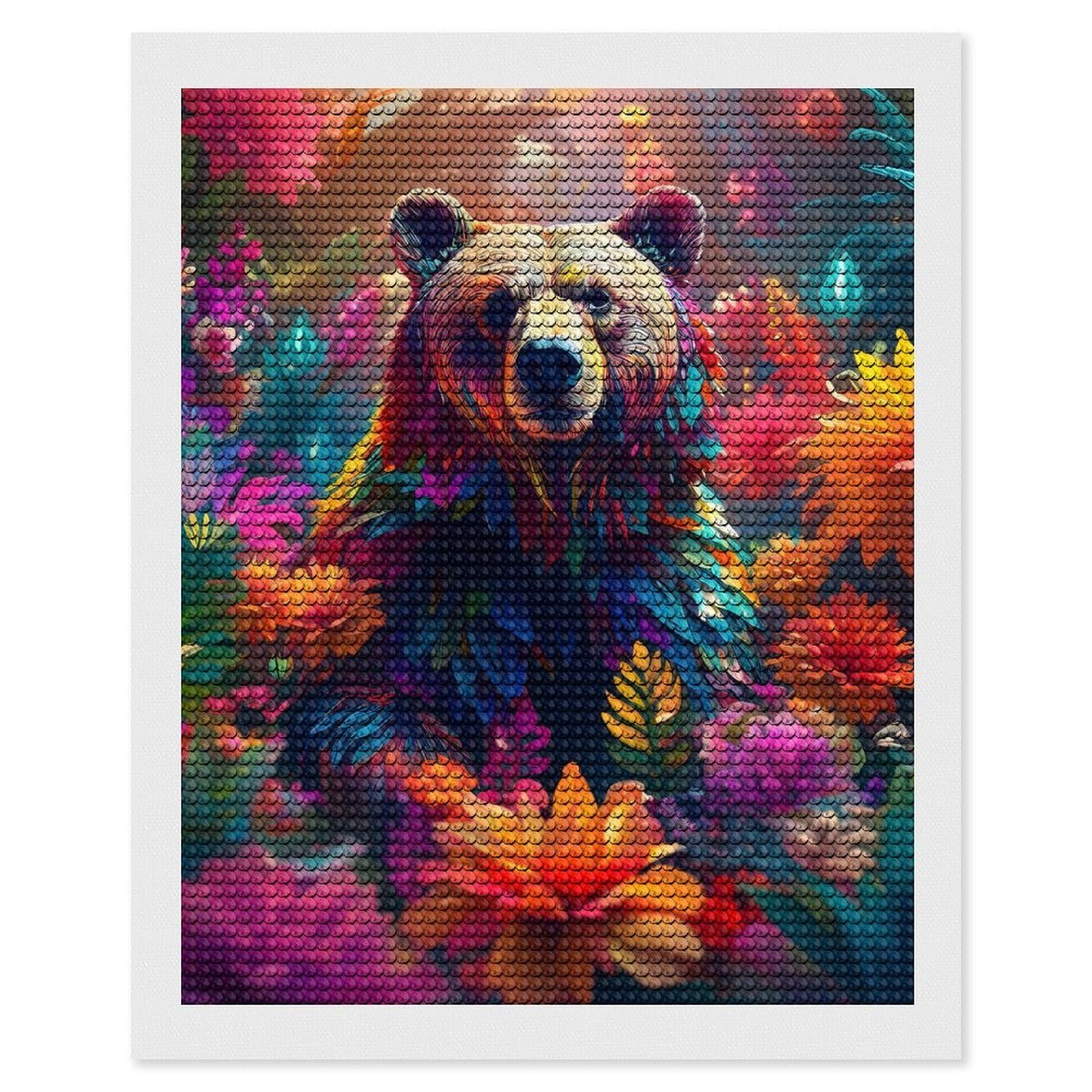 Junmoney Colorful Bear in Flowers Diamond Art Canvas 16"x20", for Teens, Nice Detail and Sparkle, Farmhouse Decor, Festive Craft Gift, Easy to Enjoy
