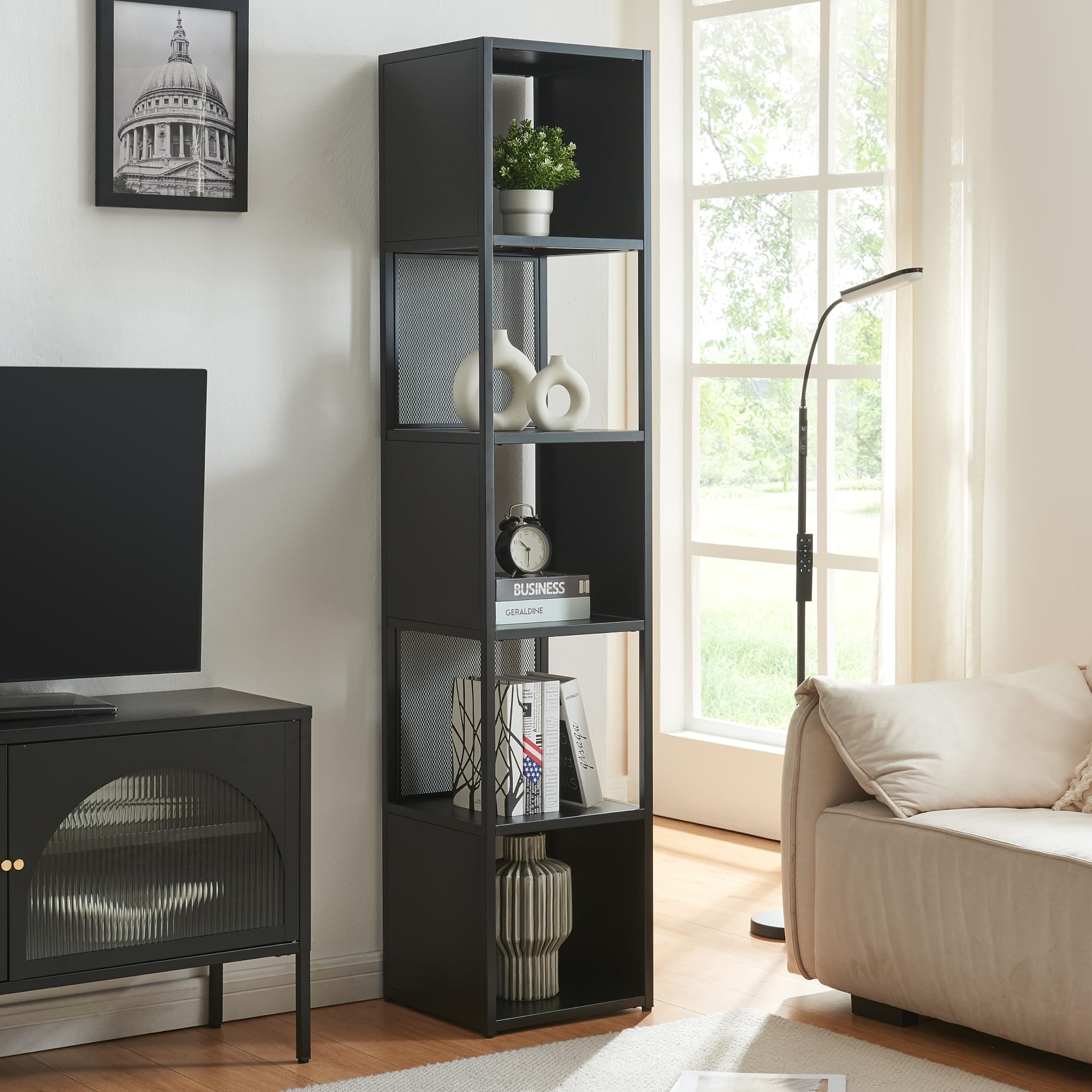 [en.casa] Scaffale da Terra Libreria in Acciaio con 5 Scomparti Aperti Mobile Espositore in Stile Industriale per Soggiorno Ufficio 185 x 38 x 38 cm - Nero Opaco