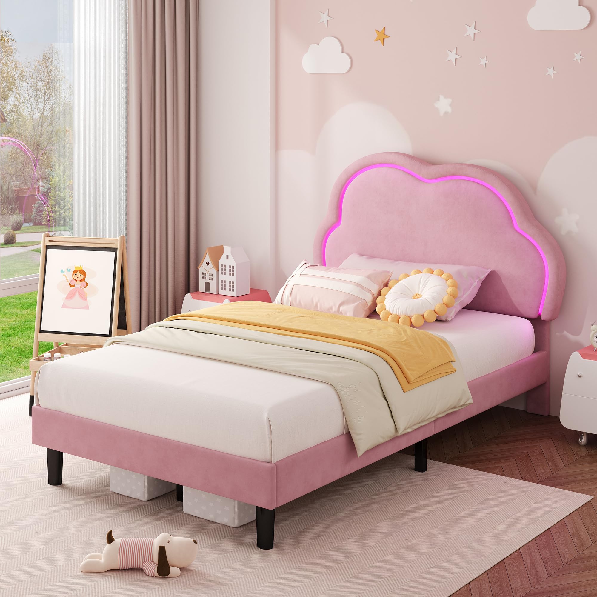 Merax Single Bed Frame, 3ft Single Upholstered Bed with LED-Lighting, Velvet Bed Frame with Adjustable Cute Cloud Headboard, Solid Wood Slat, Pink/90x190cm (No Mattress) — image 1