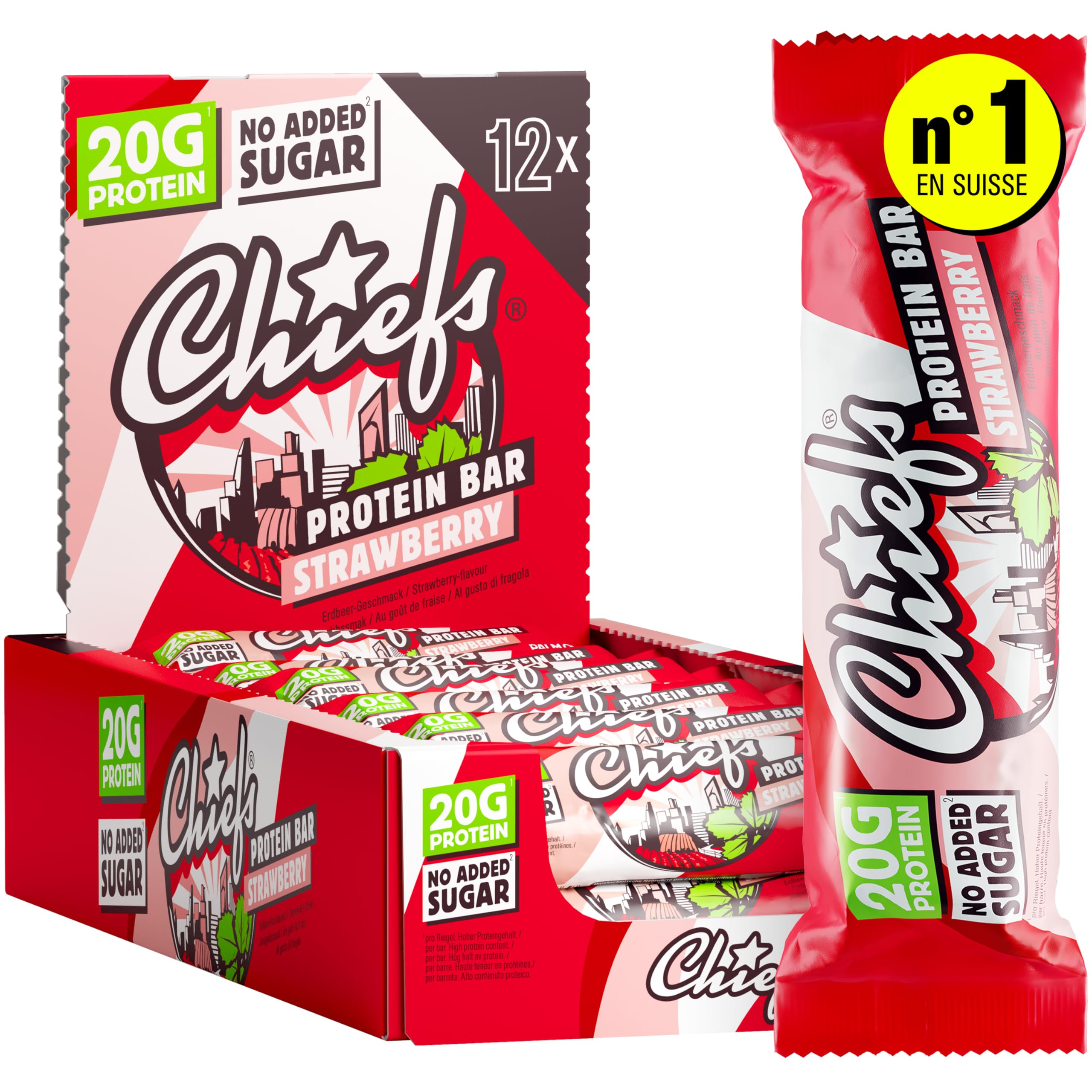 Chiefs Protein Bar (Strawberry) • Barre protéinée premium avec 20g de protéines & 209 kcal par barre • Sans sucre ajouté • Barre protéinée low sugar • Goût de Strawberry • Pack de 12 (12 x 55g)