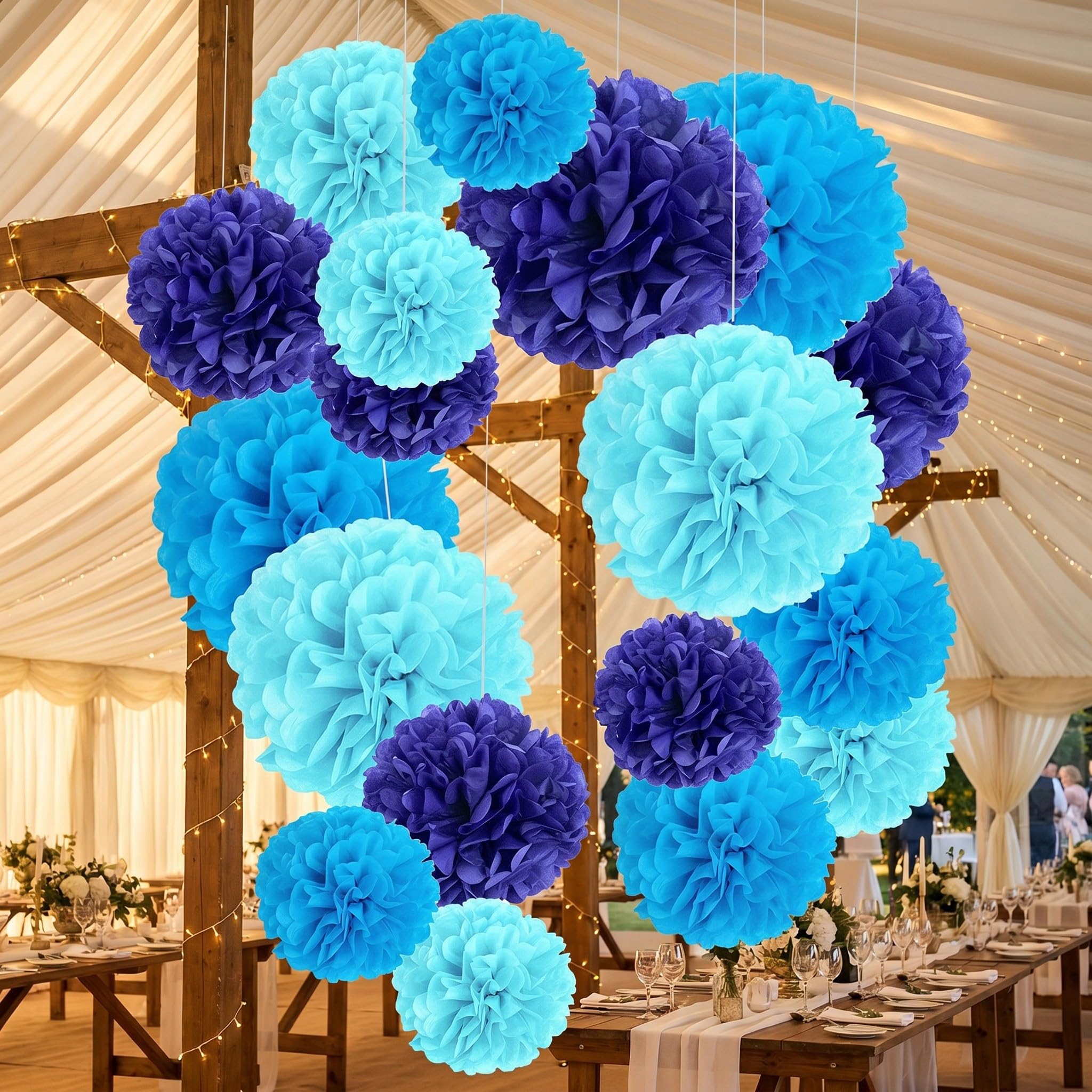 Lurrose 1 lot de pompons en papier de soie bleu : 20 cm, 25 cm et 30 cm. Fleurs en papier à suspendre, pompons pour décorations de fête, anniversaire, baby shower, mariage, décoration de plafond,