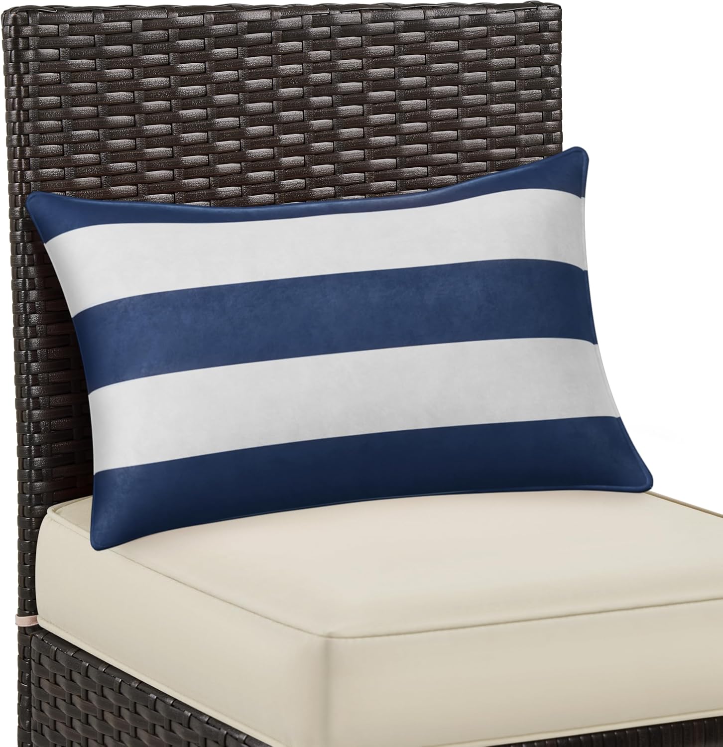Close-up of the blue and white striped lumbar pillow placed on the stool's backrest.