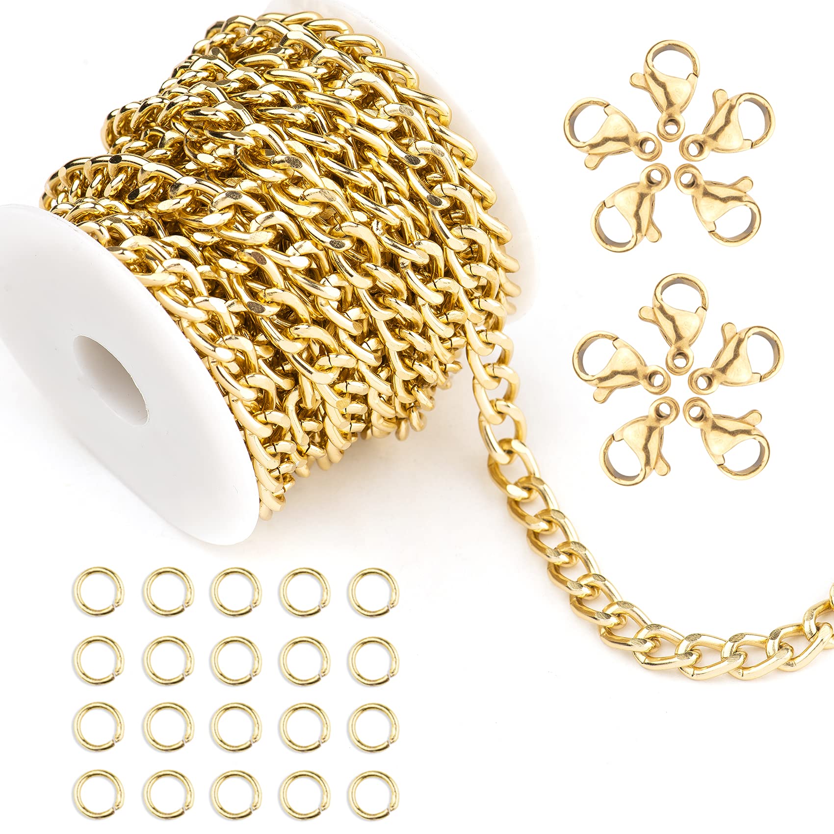 Tiparts 15 Feet Gold Curb Chains Twisted Links Necklace with 10 Lobster Clasps and 20 Jump Rings for Jewelry Making