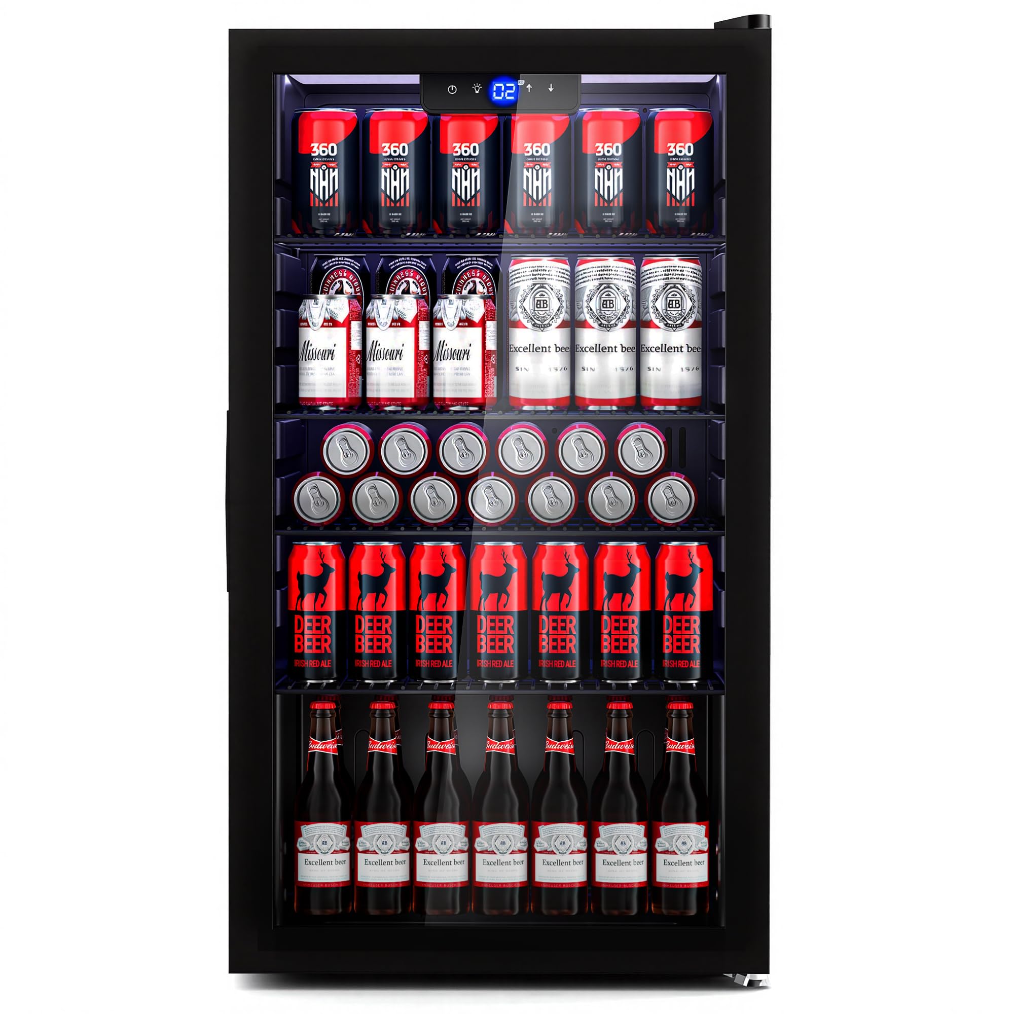JUMMICO Refrigerador de bebidas de 95 litros: libre de heladas, extremadamente silencioso y ahorro de energía. Espacio para 130 latas, 4 estantes ajustables en altura - diseño elegante para bar, sala