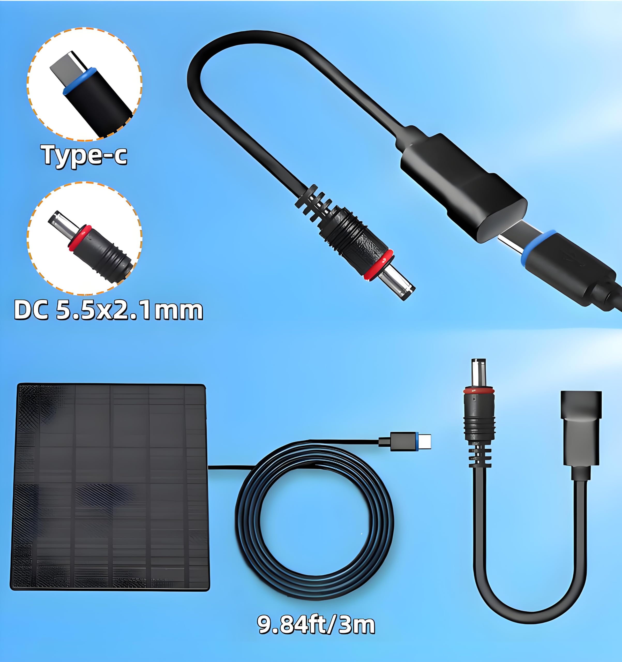 Panneau solaire 10 W pour caméras de sécurité IP66 étanche avec câble de 3 m USB C et ports CC 5,5 x 2,1 mm Support réglable pour caméra extérieure
