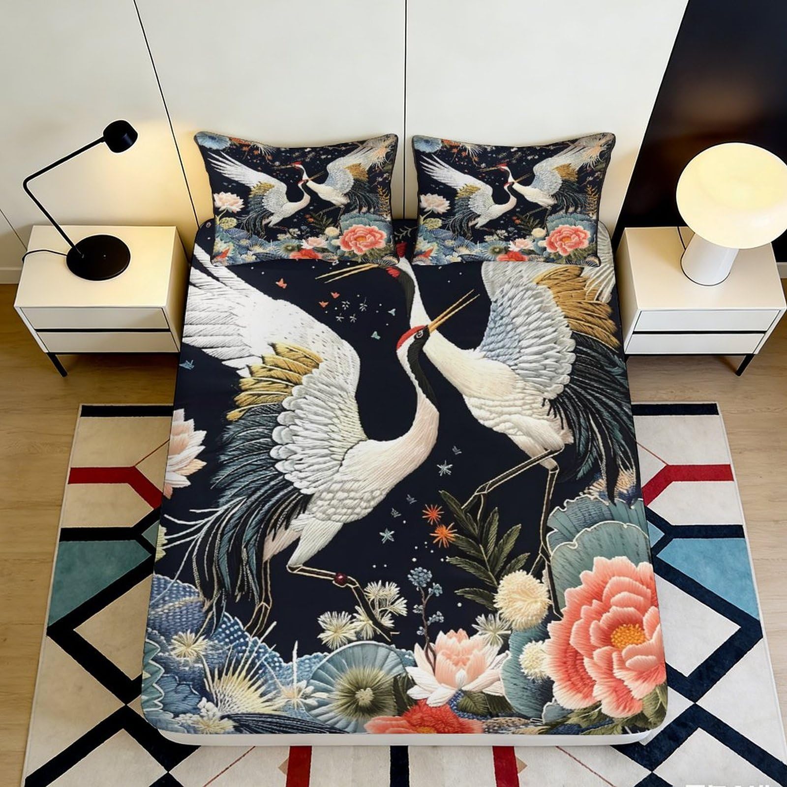 3D Printed Crane Flower Fitted Sheet Microfiber Soft Non-slip Mattress Cover for Bedroom Dorm Easy Care 160x200x25cm