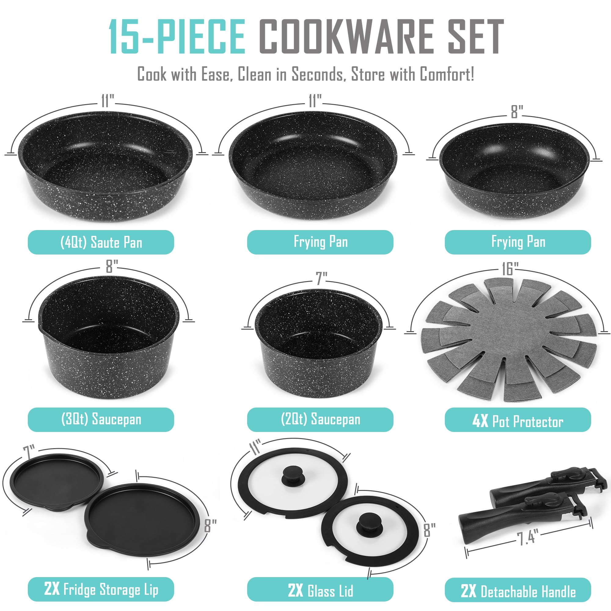 15-Piece Premium Nonstick Cookware Set – Marble Coated Pots & Pans (Interior & Exterior), Removable Handle, Space-Saving for RVs & Small Kitchens, Induction & Oven Safe, PFOA-Free