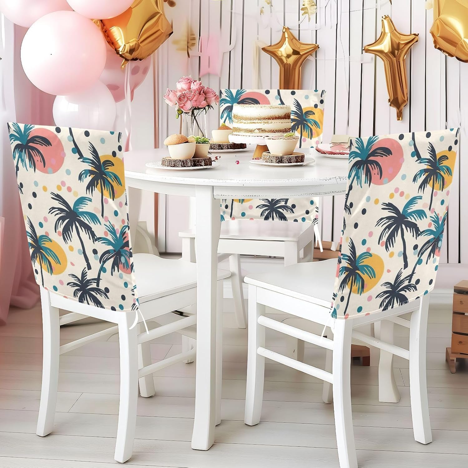 ALAZA Tropical Palm Tree and Polka Dots Chair Back Cover Set of 6, Washable Reusable Removable Chair Slipcovers Decorative Chair Cover for Home Kitchen Wedding Party