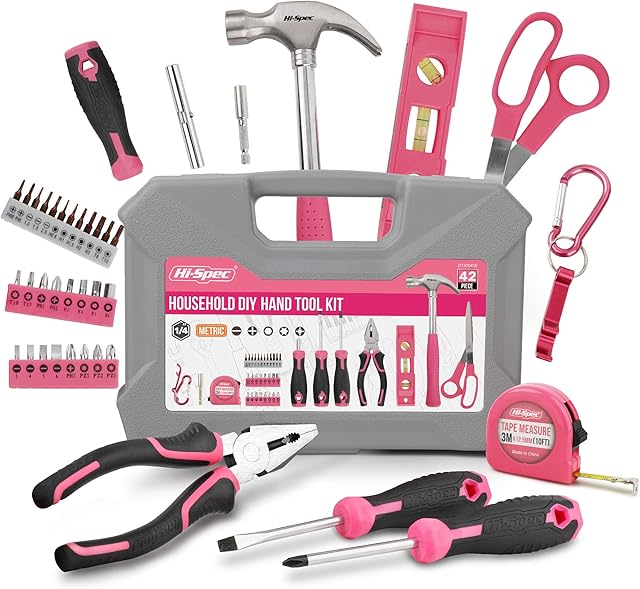 Hi-Spec 42pc Pink Small House Tool Kit for Women, College and Office. Ladies Basic Mini Tool Box Set