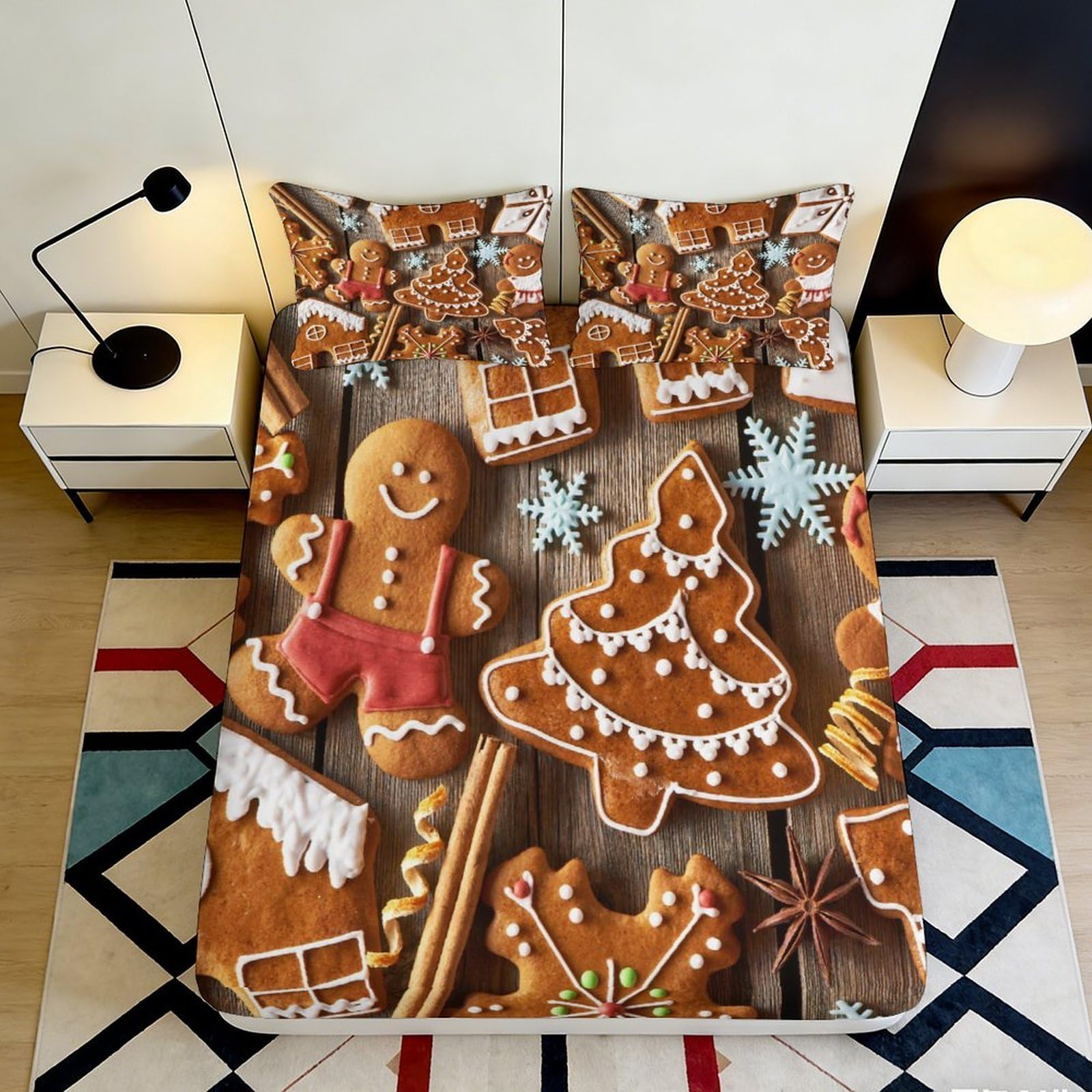 Zfldkwgb Style-2 3D Printed Gingerbread Cookie Fitted Sheet Microfiber Soft Christmas Tree Bed Cover For Bedroom Dorm Decor Protection 90X200x25cm