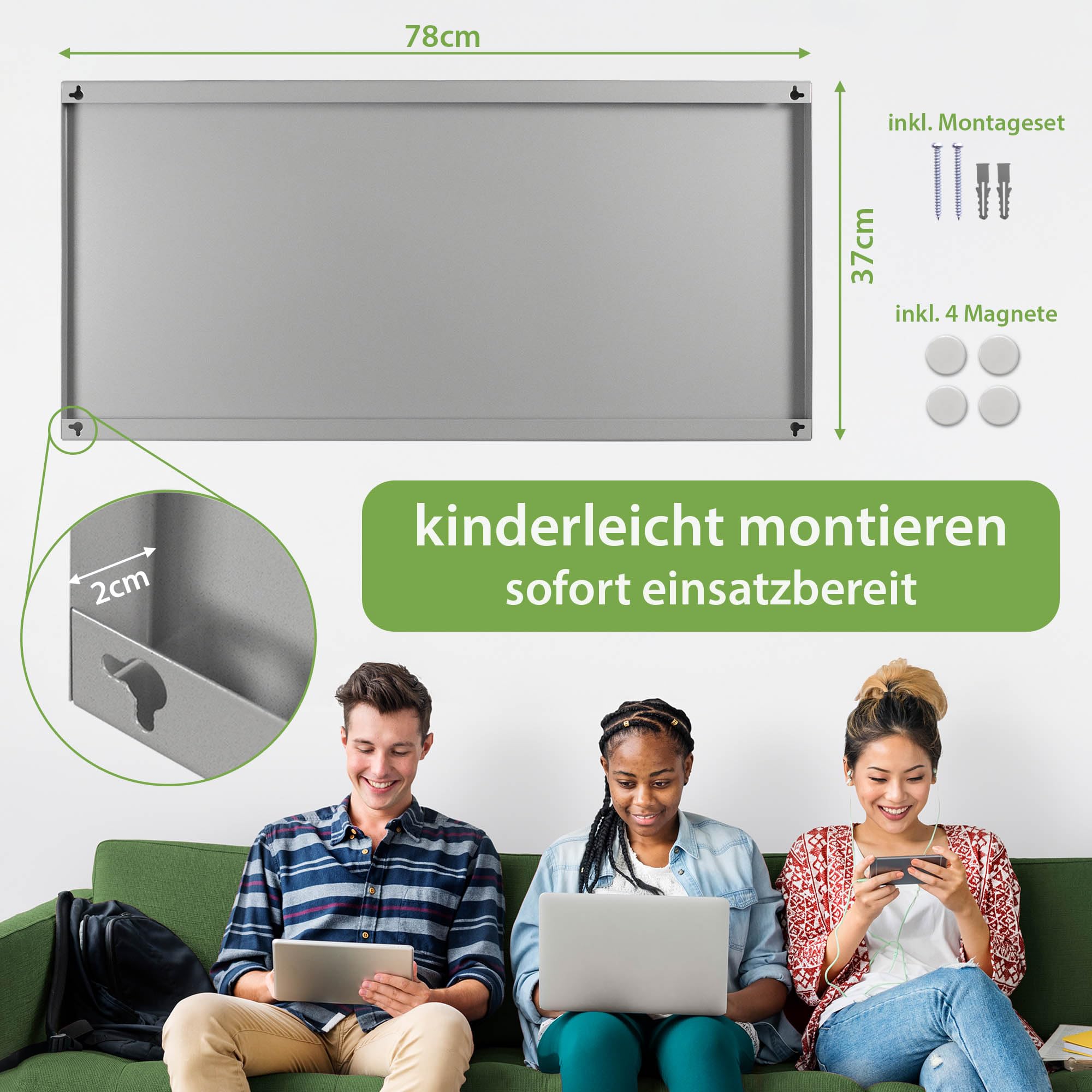 banjado Magnettafel Metall 78 x 37cm - beschreibbare Magnettafel - Metall Pinnwand als Memoboard - Magnetwand Küche, Büro, Kinderzimmer Grau inkl. 4 Magnete & Montageset - Motiv Historische Weltkart