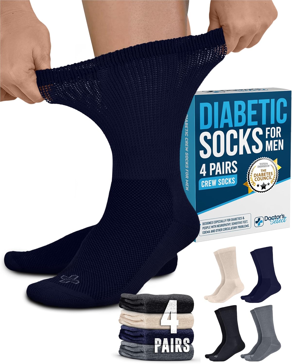 Doctor's Select Diabetic Socks for Men - 4 Pairs Crew Diabetic Neuropathy Socks for Men | Diabetic Socks for Men 9-12