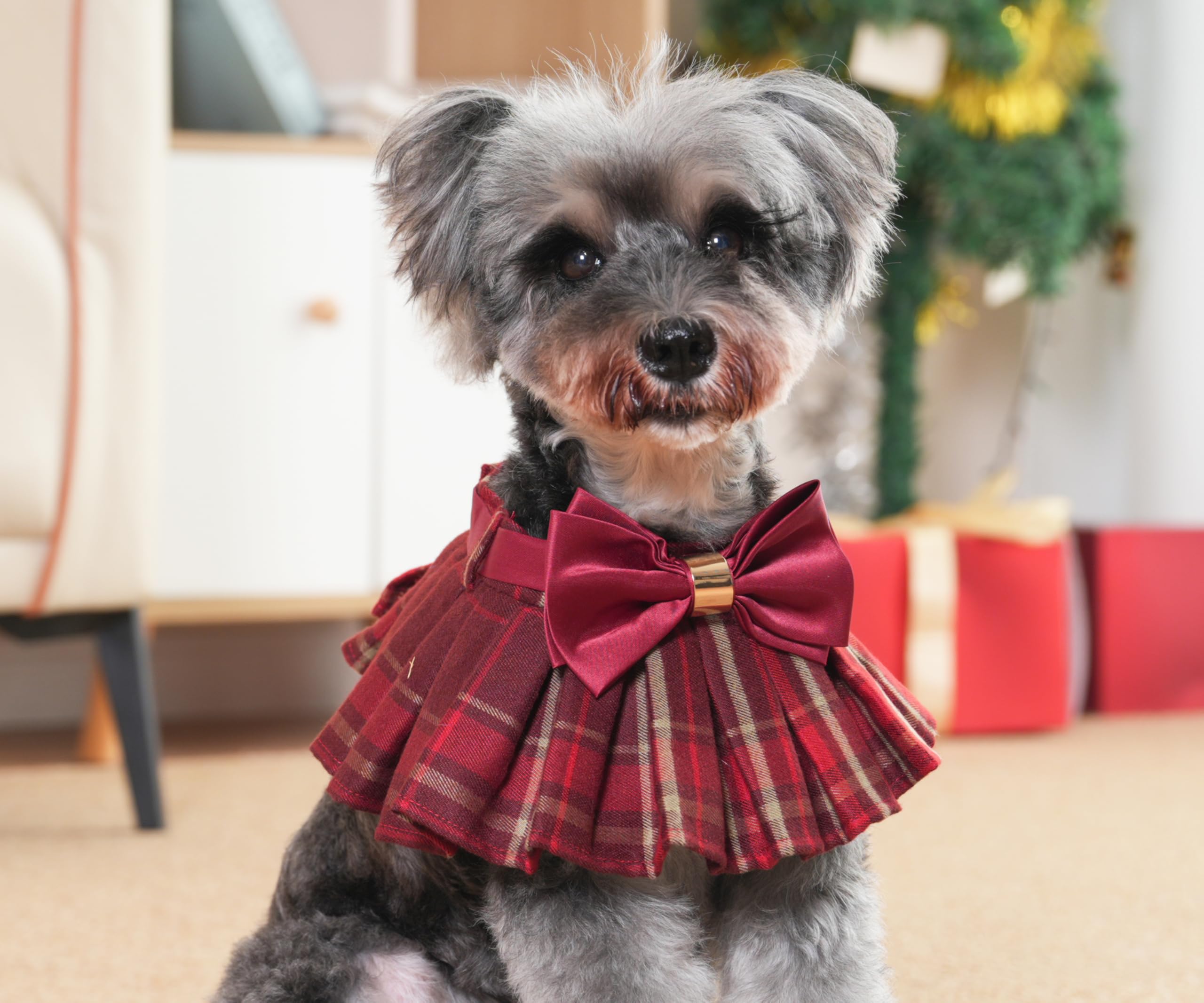 Lovelyshop pet serial Lux Orange Red Tartan Dog/Cat Scarf with Burgundy Big Bowtie for Chirstmas Valentine Holiday Pet Costume-Medium Size