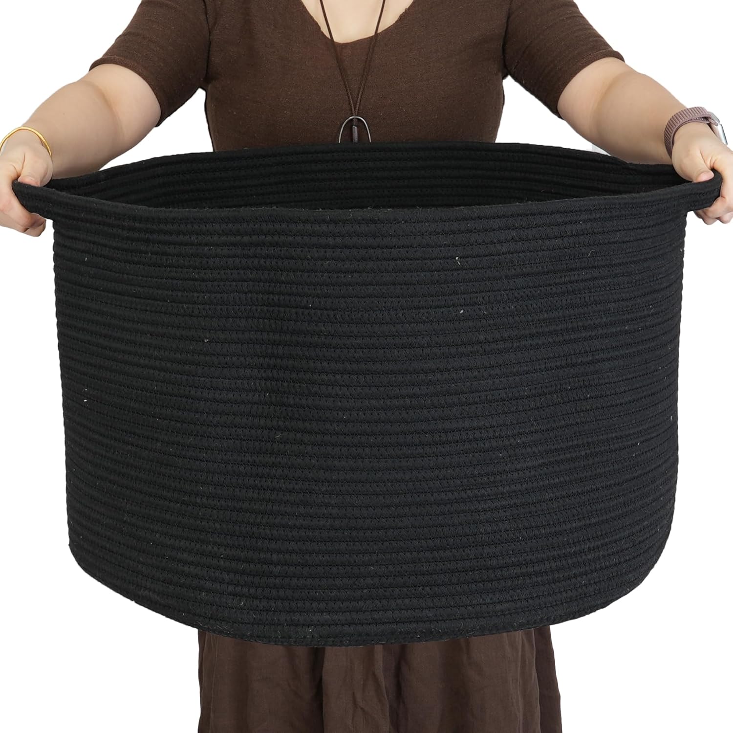 XUANGUO Extra Large Cotton Rope Basket Blankets Basket Living Room 22"x14" Toy Baskets for Kids and Dogs Rope Storage Baskets for Nursery Woven Laundry Baskets for Clothes Towels round black