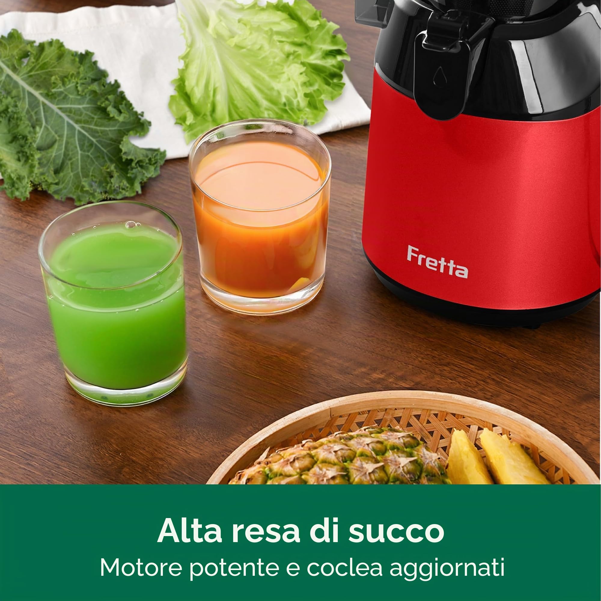 Fretta Estrattore Frutta e Verdura, Apertura Larga da 135mm Adatta a Frutta e Verdure, 1,8L Capacità, 250W Centrifuga Lenta, 99% Nutrienti Preservati, BPA Free, Facile da Smontare e Pulire