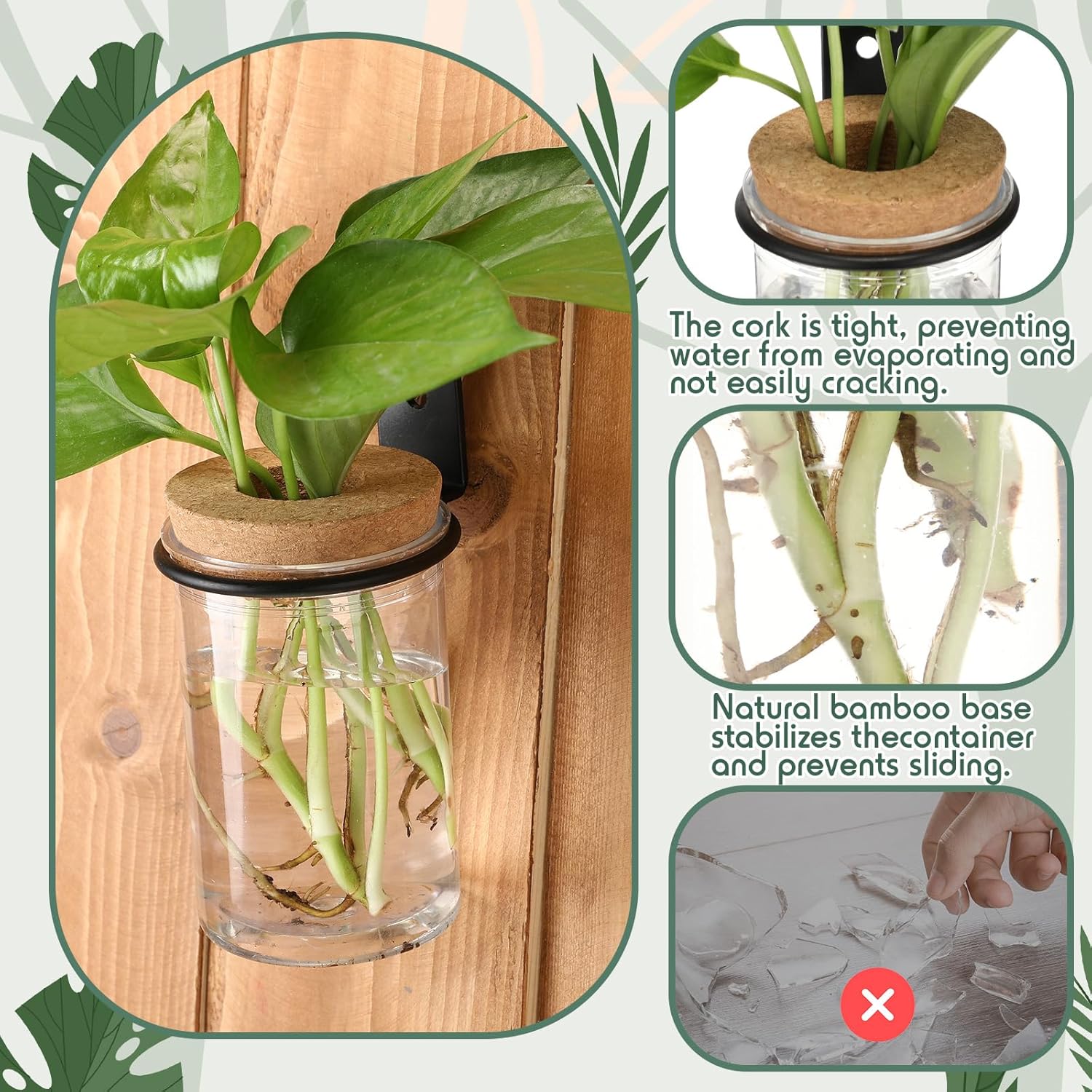 Baderke 12 Set Wall Plant Holder with Plastic Propagation Vases Hanging Planter Wall Mounted Set for Plants Growing in Water Hydroponic Artificial Plants Indoor Decor (2.48" X 3.94",Classic)