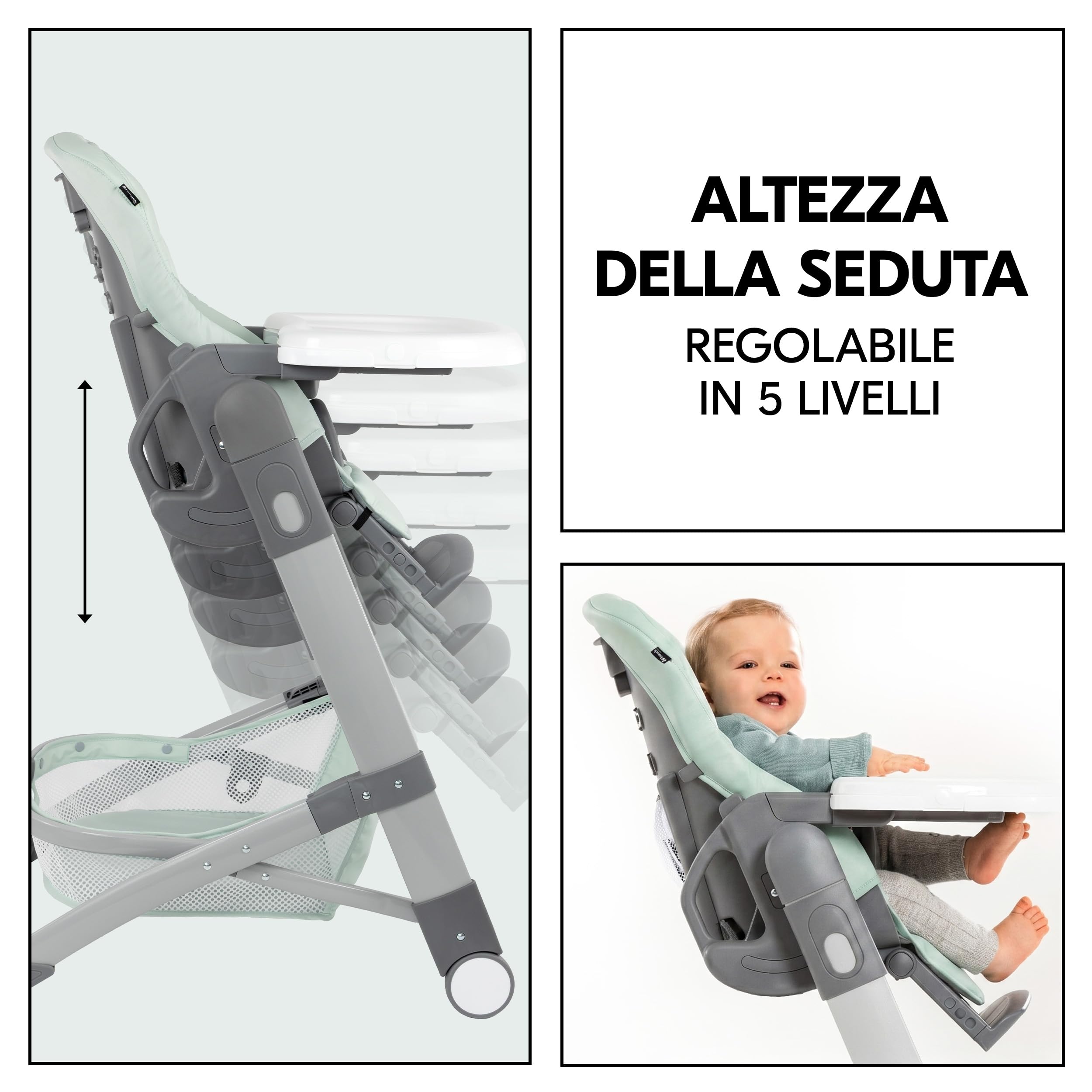 hauck Grow Up Seggiolone Pappa Portatile - Evolutivo Dalla Nascita con Funzione Reclinabile - Pieghevole con Vassoio e Ruote - Regolabile - Mint