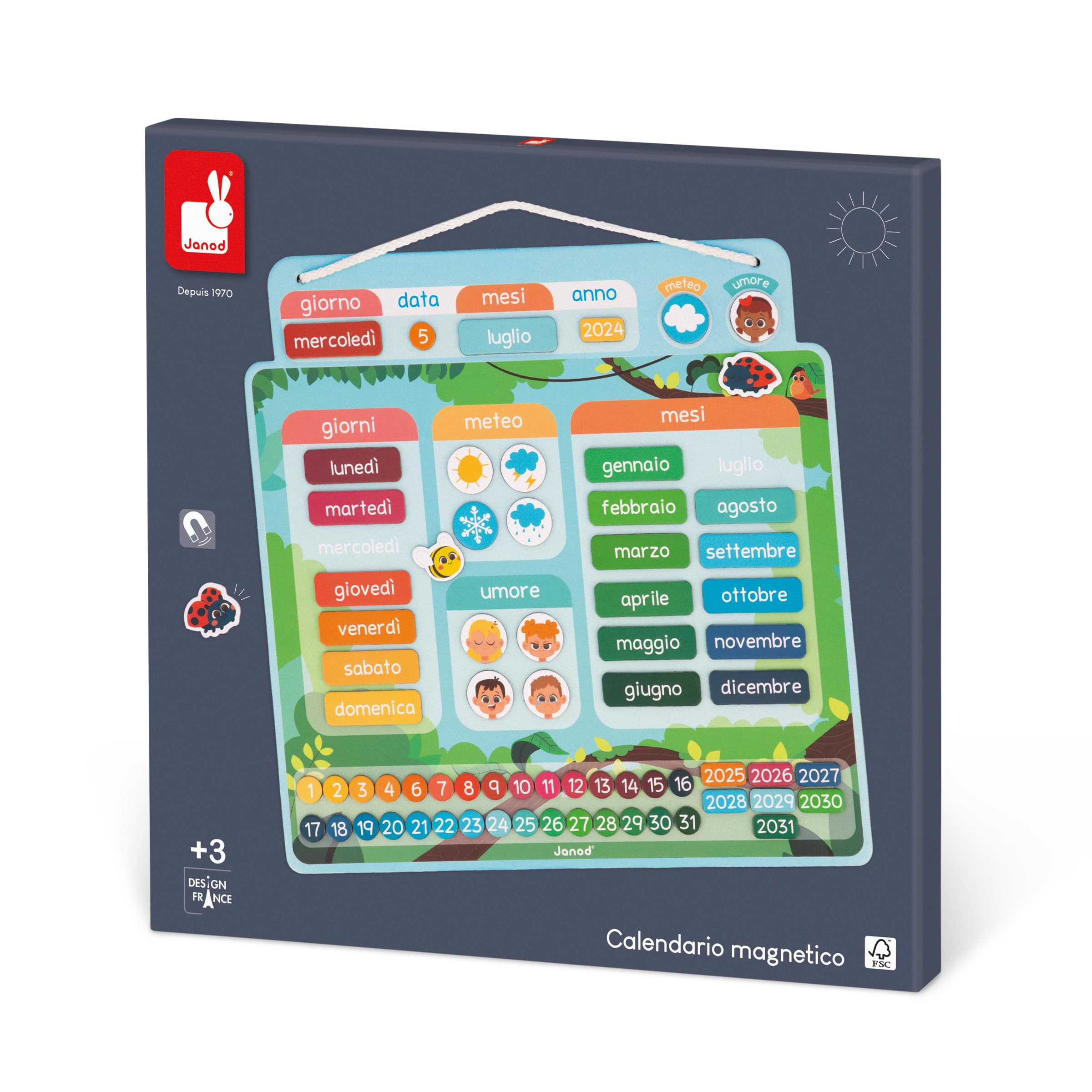 Janod - Calendario Magnetico Versione Italiana - 71 Calamite - Gioco Educativo - Comprendere la Nozione di Tempo e Acquisire Autonomia - Giocattolo in Cartone FSC - dai 3 Anni - J05467