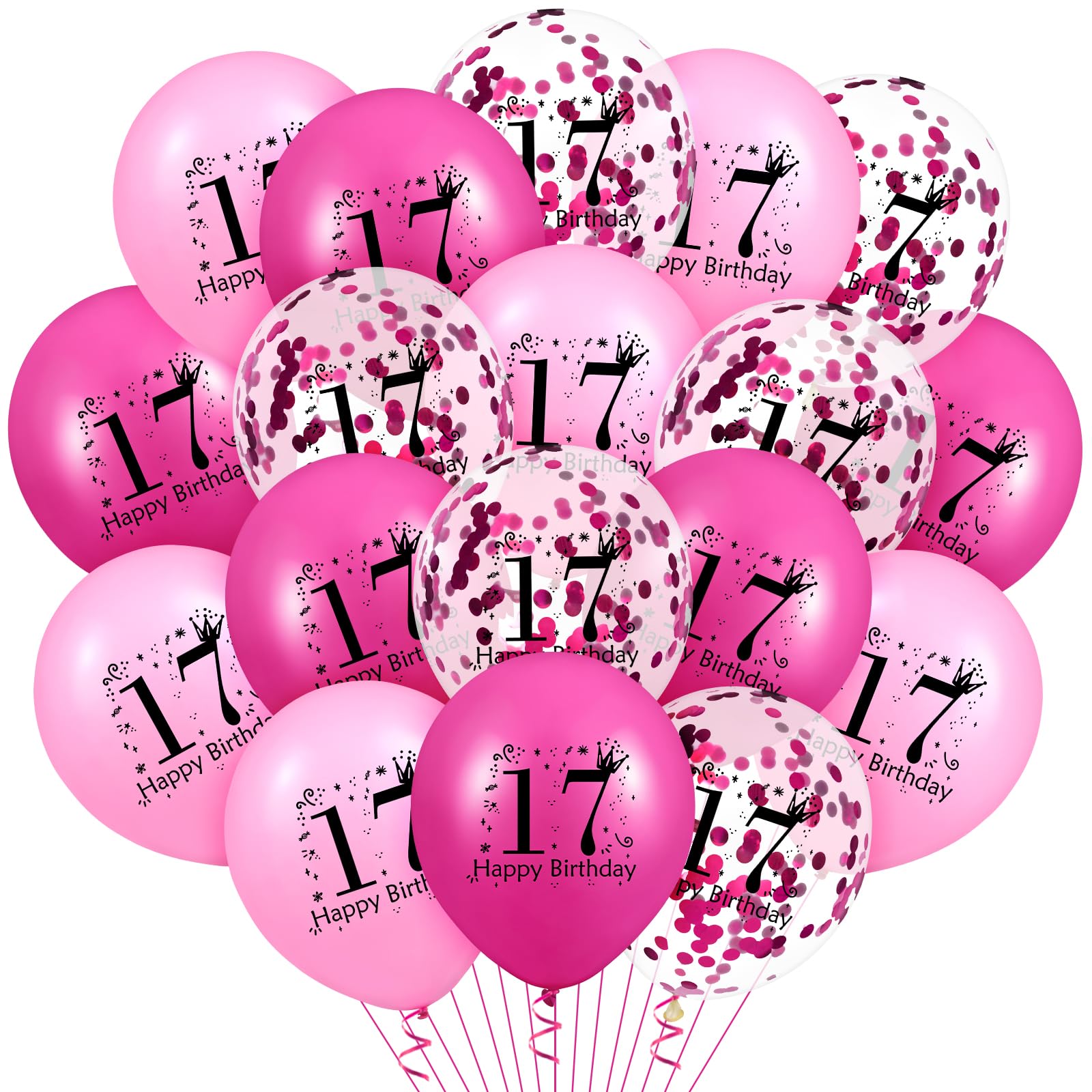 18Pcs 17th Birthday Balloons Pink Happy 17th Birthday Confetti Latex Balloons for Girls Boys Hot Pink 17 Years Old Bday Anniversary Party Supplies 12 inch
