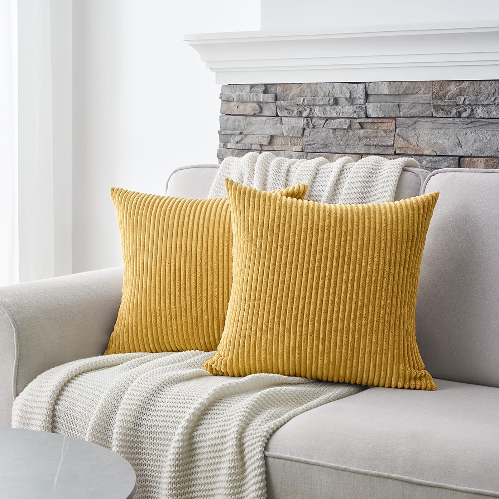 Topfinel Set di 2 federe 45x45 giallo a righe in velluto a coste Federe decorative per divani