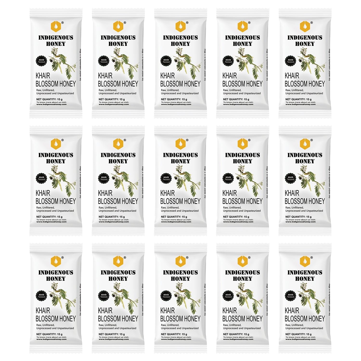 INDIGENOUS HONEY Pure Khair Honey Organic Natural Raw Unprocessed Added Sugar Free NMR Tested Unpasteurized Unheated 15 Hygienic Sachets 15g Each Total 225g