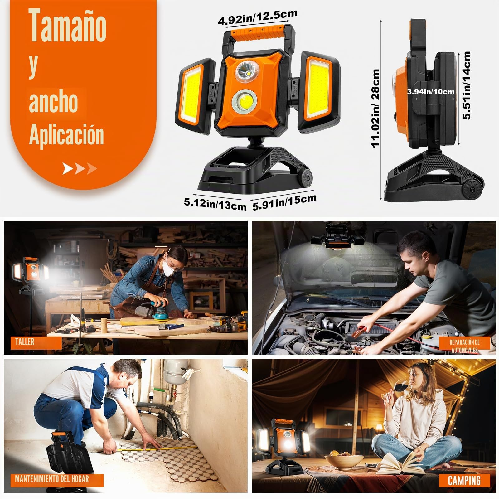 SYLSTAR Foco LED Recargable 40W 4000LM, Foco LED Batería con Pinza y Base Magnética, 360° Plegable con 5 Modos, Luz de Trabajo con Función Powerbank para Obra, Taller, Garaje y Camping