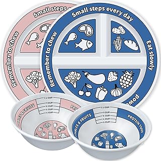 4 Pcs Portion Control Plates & Bowls Set (2 Plates + 2 Bowls, 9 Inch) - Self-Measuring for Weight Loss, Gastric Bypass, LapBand, Diabetes & Healthy Diets, Pink & Blue, for Adults & Children