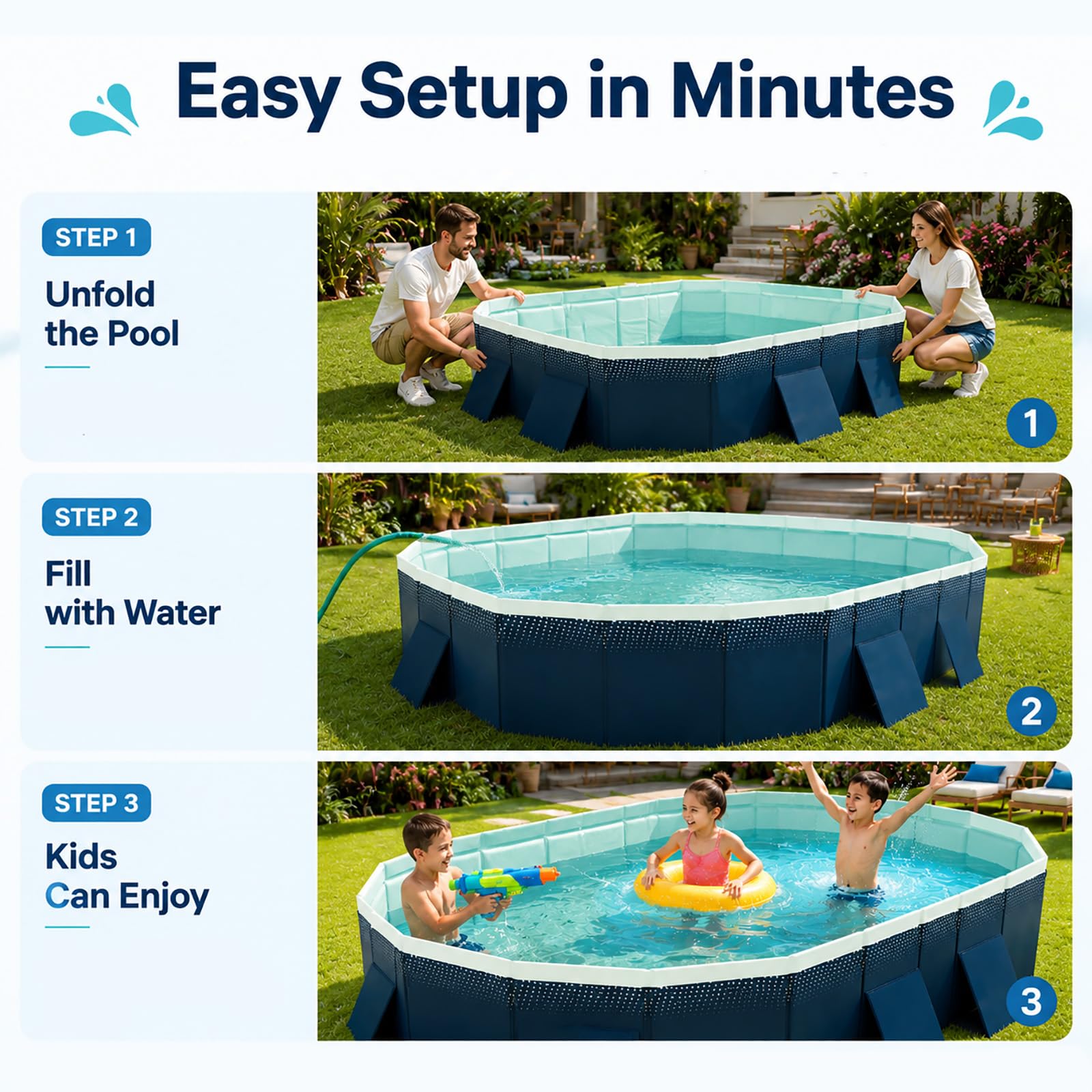 Faltbares Planschbecken, Rechteckiger Pool Nicht Aufblasbar Familie | Großer Gartenpool mit Stabilen Seitenwänden für Kinder und Erwachsene(160cm/62.9in)