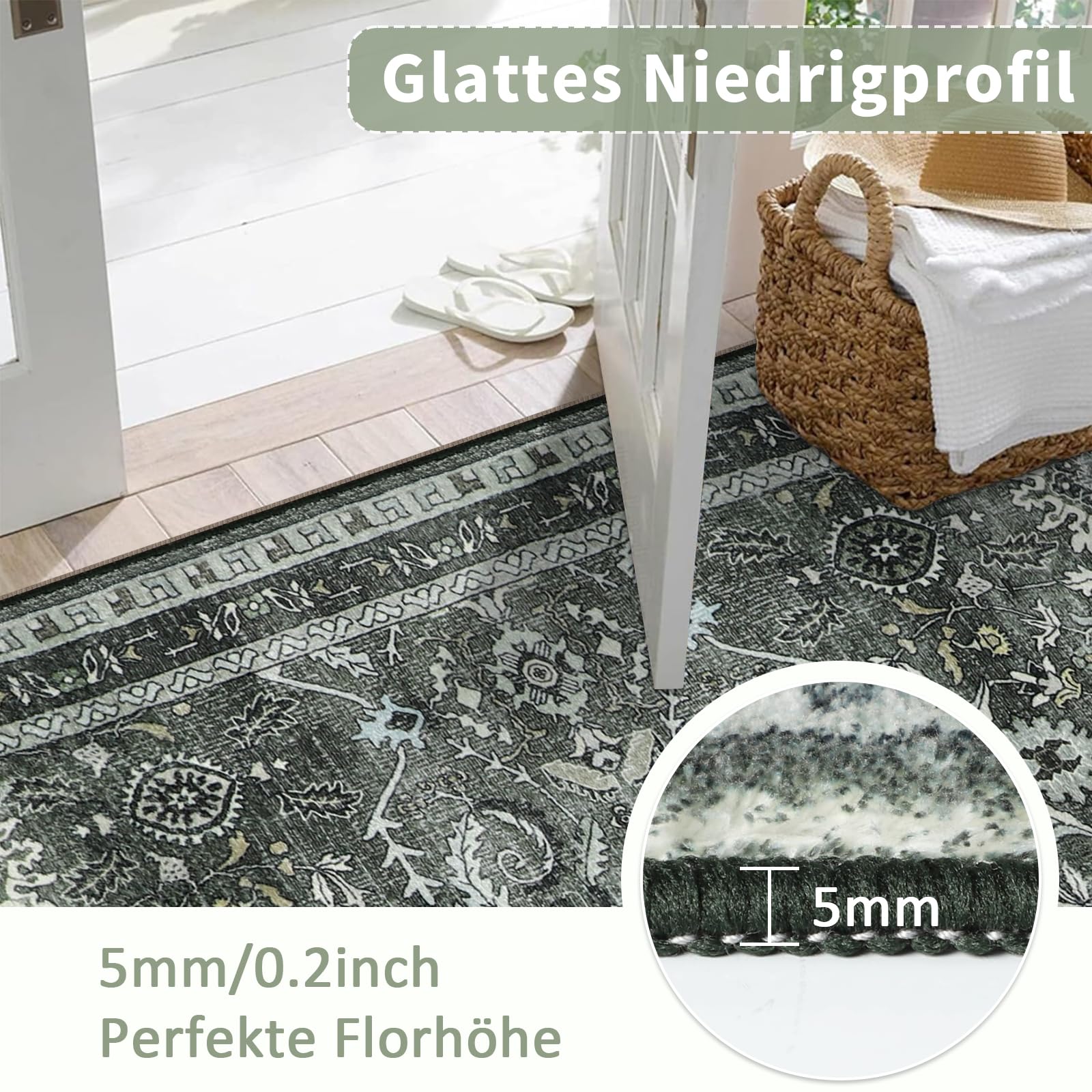 Groß Teppich Wohnzimmer 200x290cm Waschbar in Waschmaschine Vintage Boho Kurzflor Carpet Weich Antirutsch Rugs for Living Room Schlafzimmer Esszimmer, Grüner Teppich