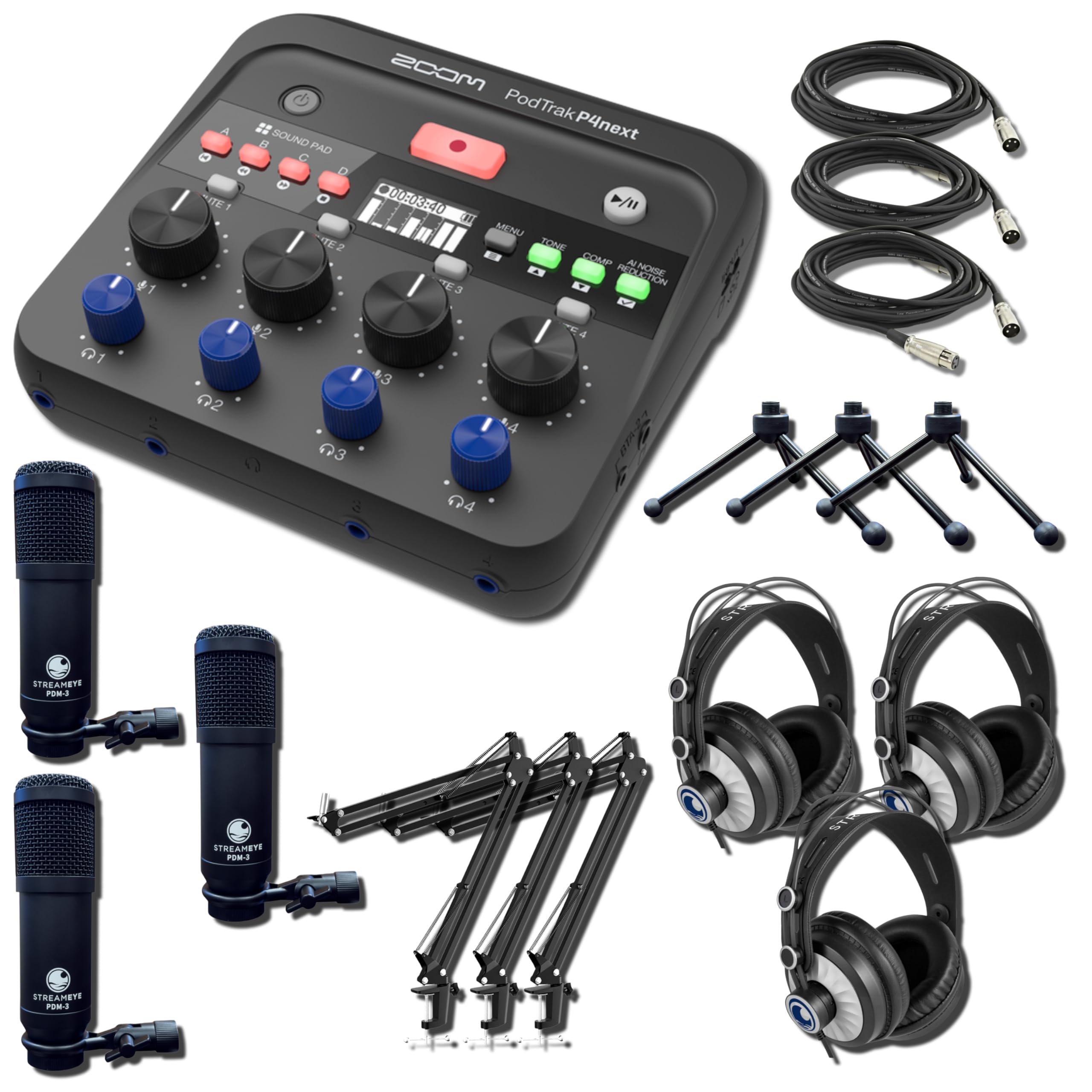 Zoom PodTrak P4next Audio Interface with 3x StreamEye PDM-3 Podcast Equipment Bundles and 3x Adjustable Microphone Boom Arms