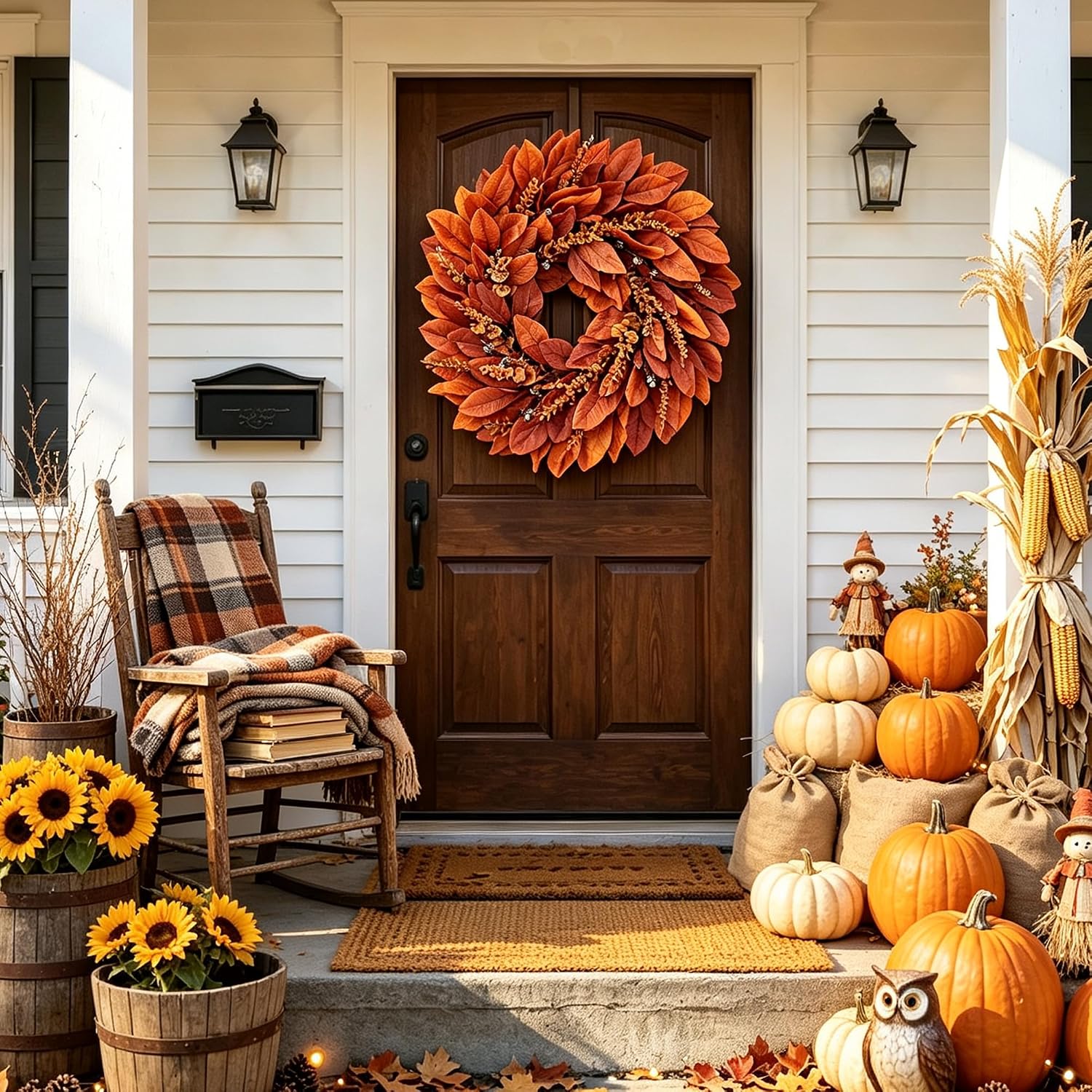 Large Artificial Magnolia Wreath for Front Door – Brown Autumn Fall Wreath for Outdoor Porch Window Farmhouse Home Holiday Hanging Decor