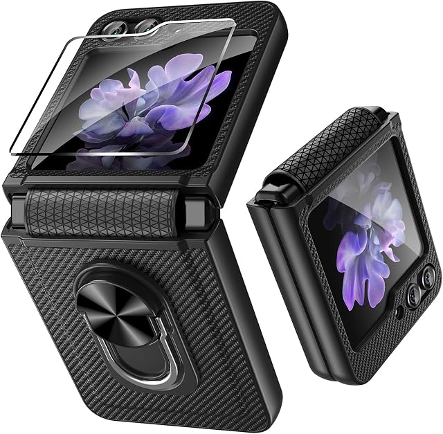 Fewdew for Samsung Z Flip 5 Case,Z Flip 5 Case with Hinge Protection & Front Screen Protector,360° Rotate Ring Magnetic Kickstand Protective Cover Case for Samsung Galaxy Z Flip 5,Carbon Fiber Black