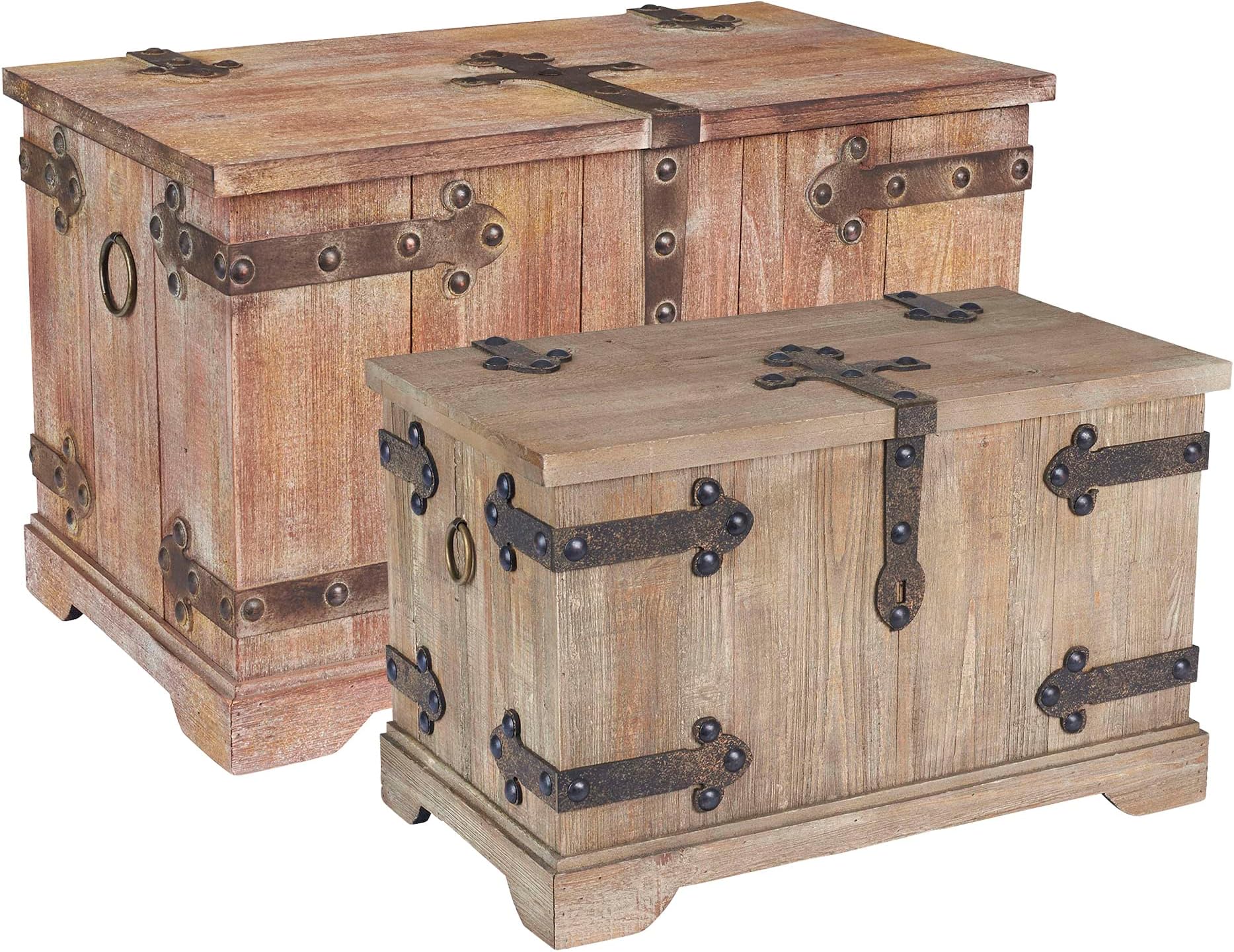 Household Essentials 2 Piece Decorative Trunks, Victorian Set, Small and Large, Chinese Fir Wood, Aged-Wood Finish with Metal Accents, Fully Opening Lid, Stout Design, Ring Handles