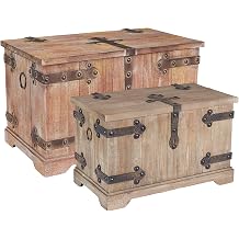 Household Essentials Victorian Style Decorative Trunk in Chinese Fir Wood with Metal Accents, Natural, Set of 2