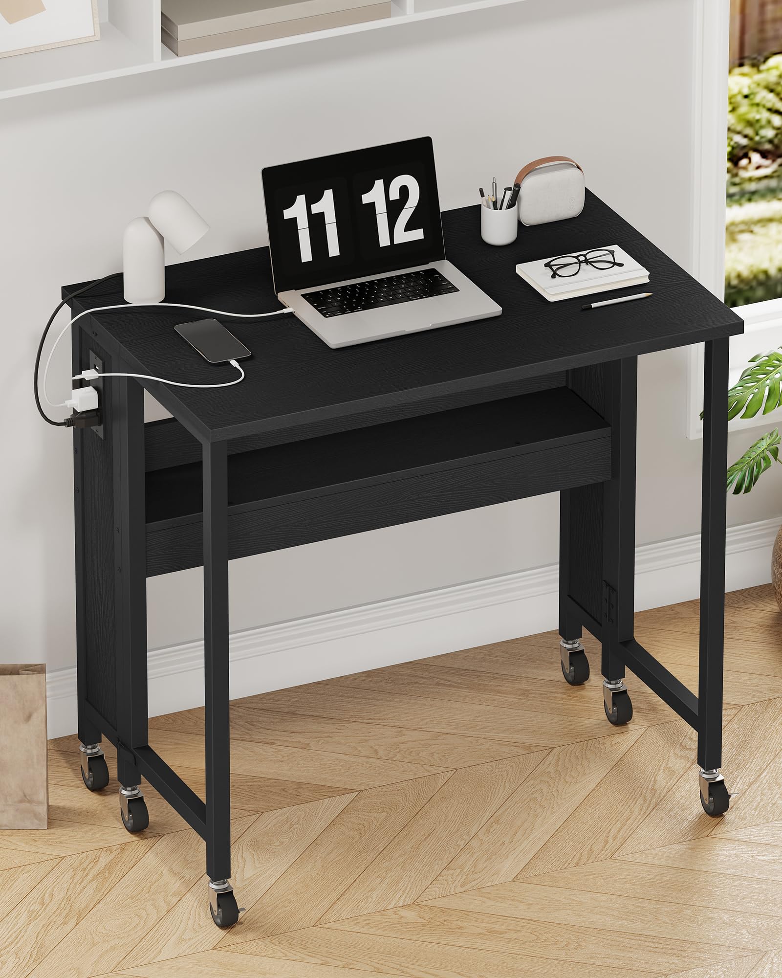 CHOEZON 31.5" Modern Folding Computer Desk with Power Outlets, Wheels, Storage, Perfect for Small Spaces Black TDN01UBB