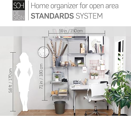 Miniatura 5 de SOH DESIGN Kit de estante de armario de alambre plateado, estantería para áreas abiertas, riel de estante con estantería expandible y sistema
